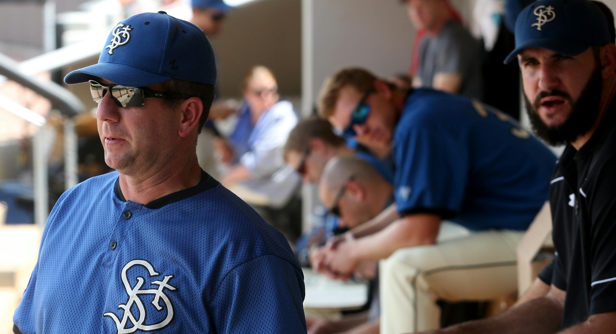 The Saints manager George Tsamis watched the action on the field as his team played the Sioux City Explorers at CHS Field in June. The two teams face off in the American Association playoffs beginning Wednesday.