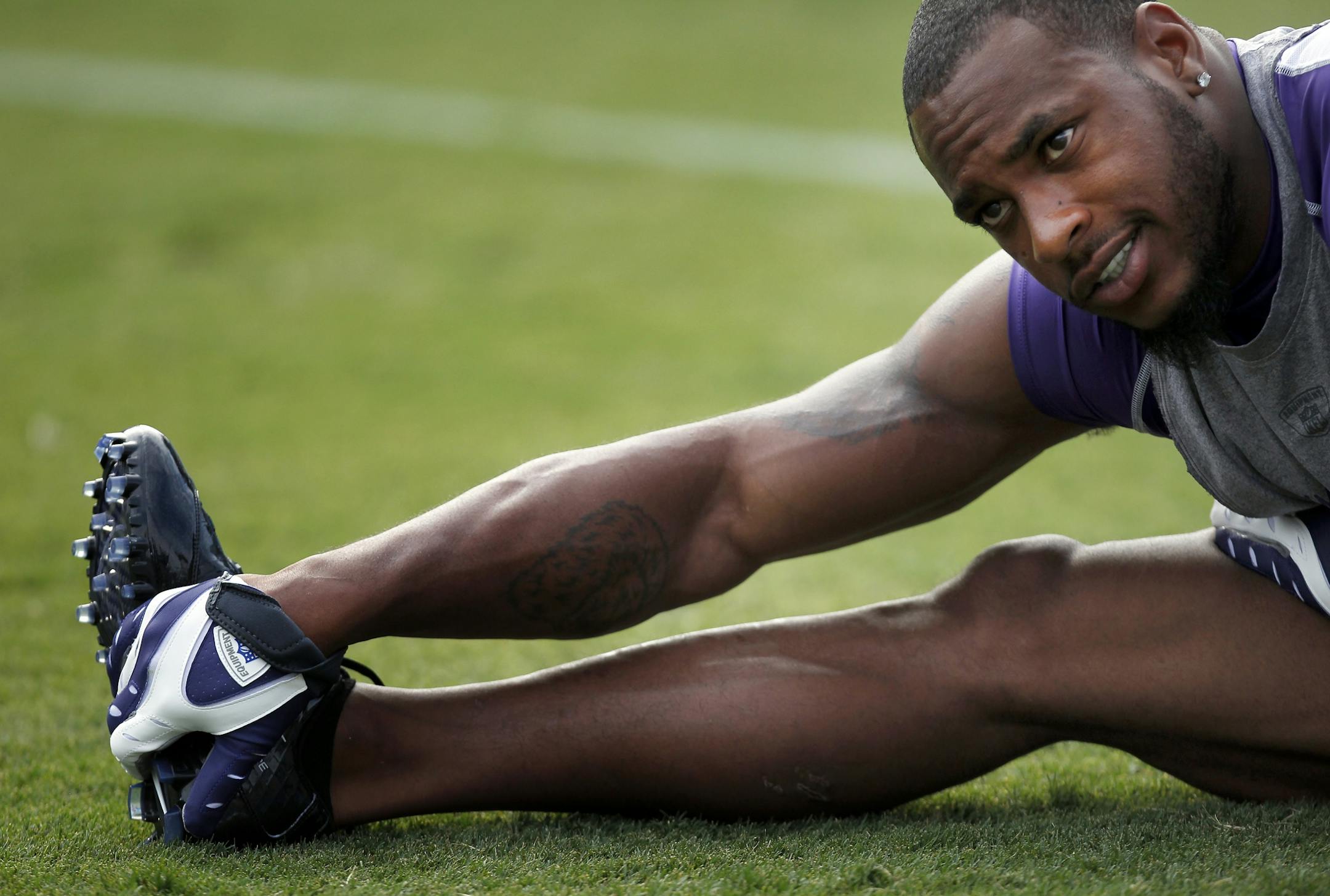 Vikings receiver Percy Harvin, stretching out before Saturday's preseason opener, spent much of Tuesday's practice on the sideline.
