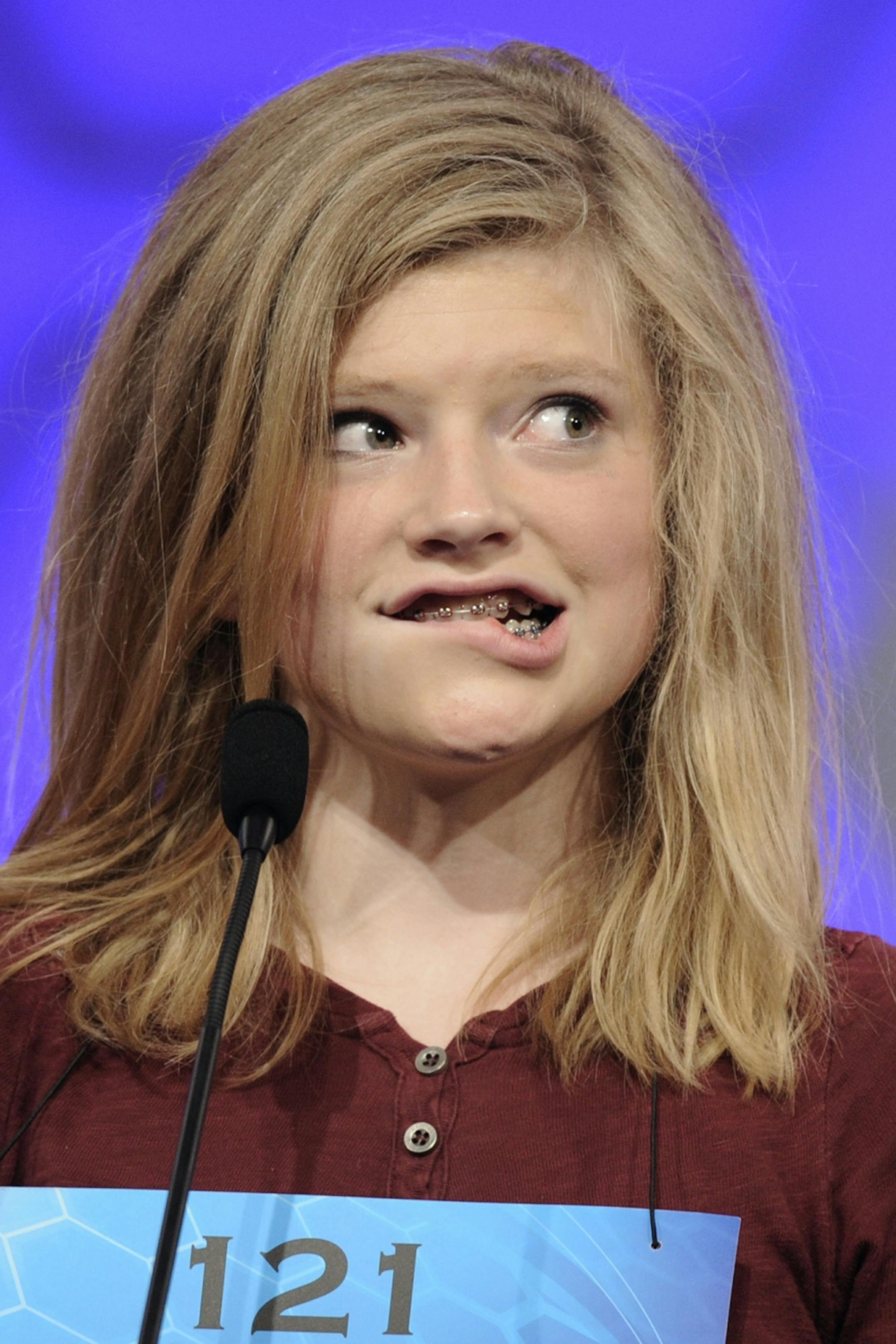 Hailey Hogenson, 13, of Ludington, Mich., reacts to missspelling the word "intussusception" during the 2015 Scripps National Spelling Bee in Oxon Hill, Md., Wednesday, May 27, 2015.