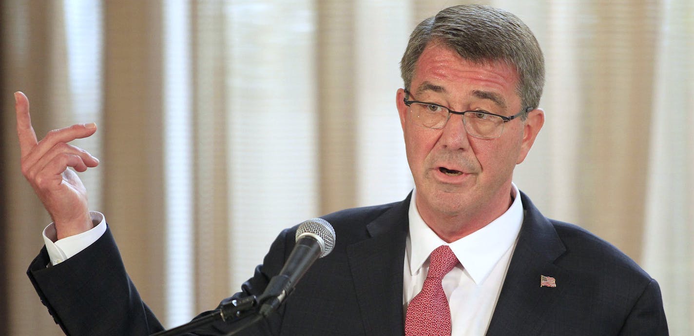 U.S. Defense Secretary Ash Carter gestures during a joint press conference at the Malacanang presidential palace in Manila, Philippines on Thursday, April 14, 2016. The United States on Thursday revealed for the first time that American ships have started conducting joint patrols with the Philippines in the South China Sea, a somewhat rare move not done with many other partners in the region. (Romeo Ranoco/Pool Photo via AP) ORG XMIT: XAF126