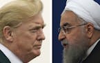 COMBO - This combination of two pictures shows U.S. President Donald Trump, left, on July 22, 2018, and Iranian President Hassan Rouhani on Feb. 6, 20