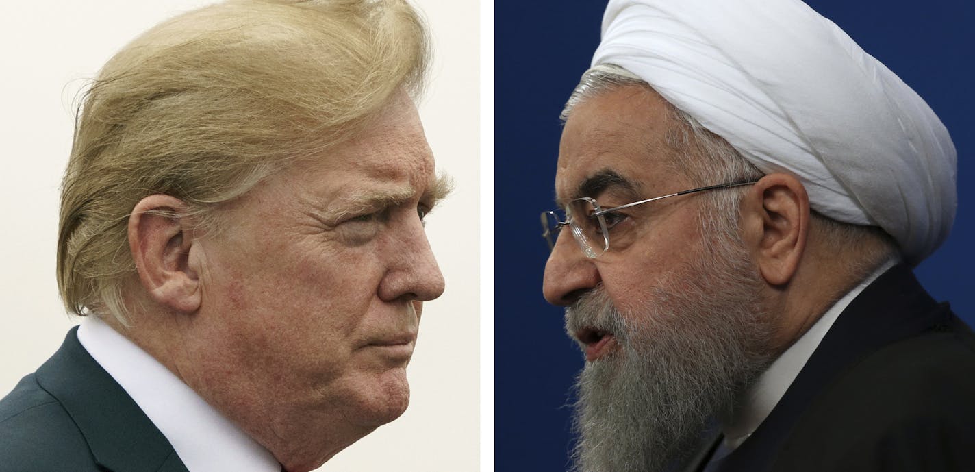 COMBO - This combination of two pictures shows U.S. President Donald Trump, left, on July 22, 2018, and Iranian President Hassan Rouhani on Feb. 6, 2018. In his latest salvo, Trump tweeted late on Sunday, July 22 that hostile threats from Iran could bring dire consequences. This was after Iranian President Rouhani remarked earlier in the day that &#xec;American must understand well that peace with Iran is the mother of all peace and war with Iran is the mother of all wars.&#xee; Trump tweeted: &