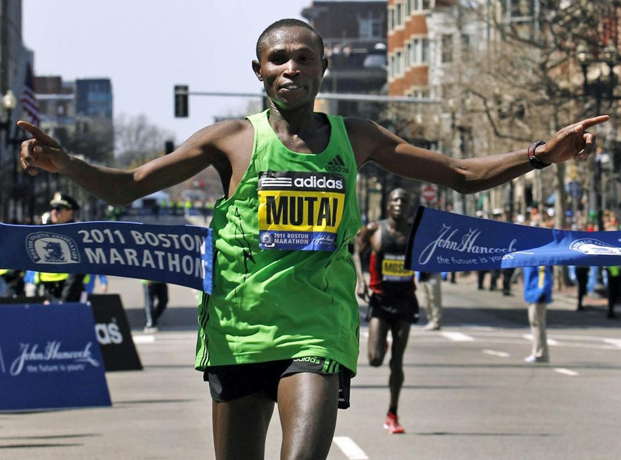 Geoffrey Mutai of Kenya, shown here winning Boston Marathon in April 2011, won the New York City Marathon on Sunday, Nov. 6, 2011, in course record time.