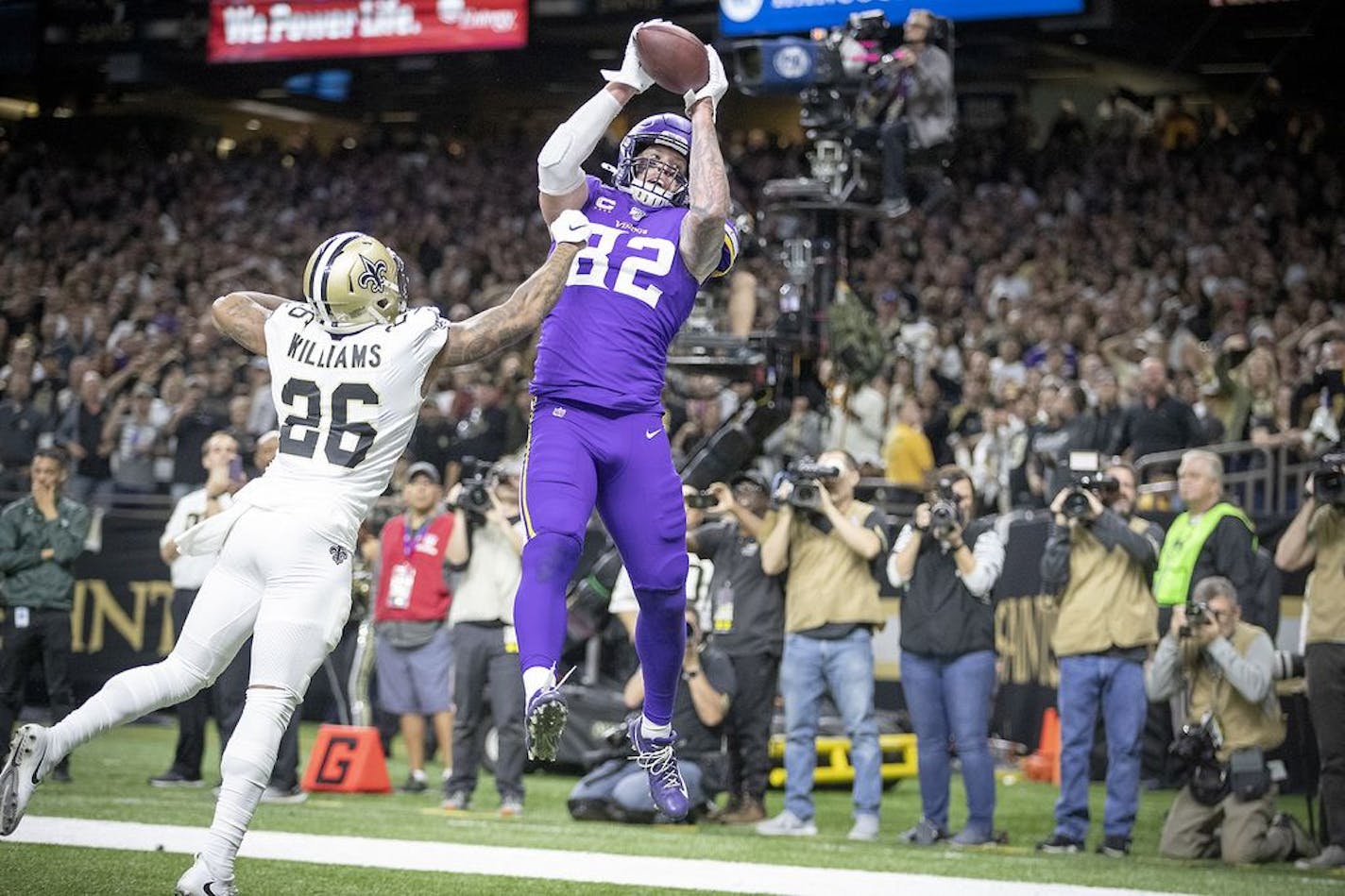 Minnesota Vikings tight end Kyle Rudolph catches the winning touchdown over New Orleans Saints cornerback P.J. Williams in overtime on Sunday, Jan. 5, 2020 at Mercedes-Benz Superdome in New Orleans, La.