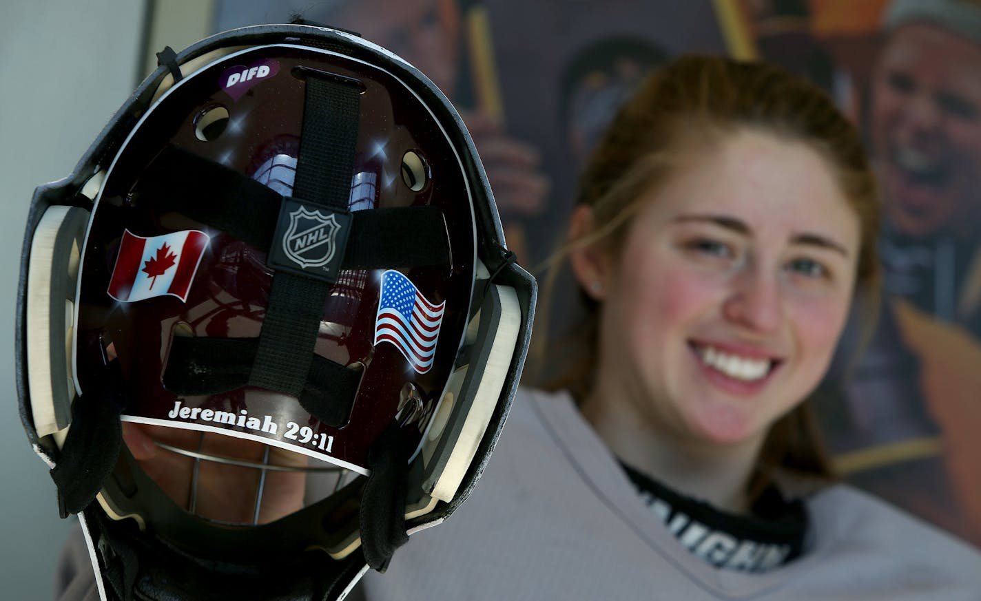 Amanda Leveille, the Gophers goalie, said she shows her loyalty on her helmet at Ridder Arena.