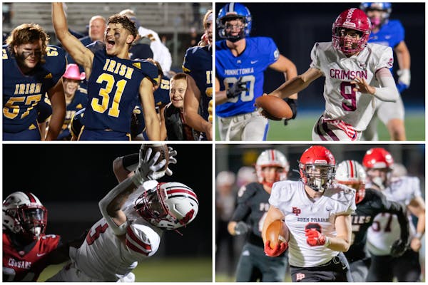 Representing the No. 1 seeds in the Class 6A football state tournament, clockwise from top left: Rosemount’s Abid Alam, Maple Grove’s Jacob Kilzer