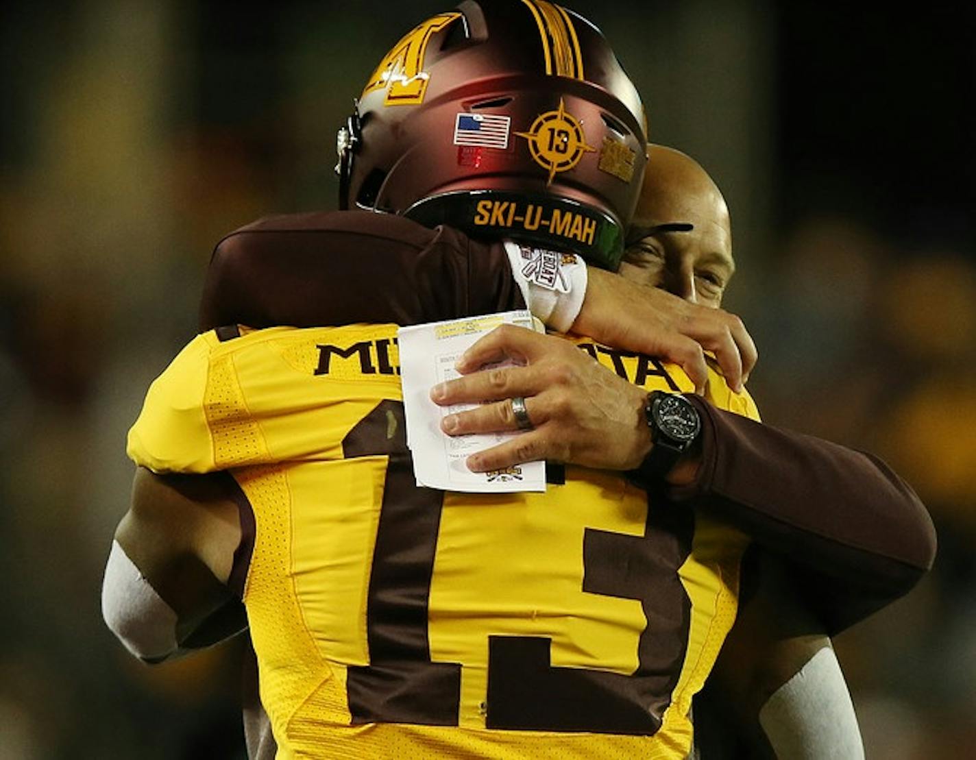 Coach. P.J. Fleck hugged Rashod Bateman after a touchdown during a game last season.