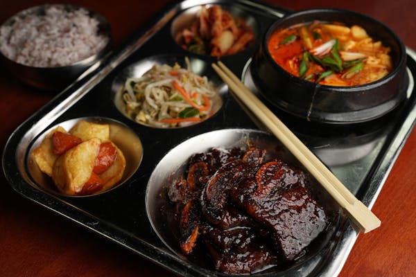Soondubu, ribs, purple rice and kimchi at Dosirak in the new Asia Mall.