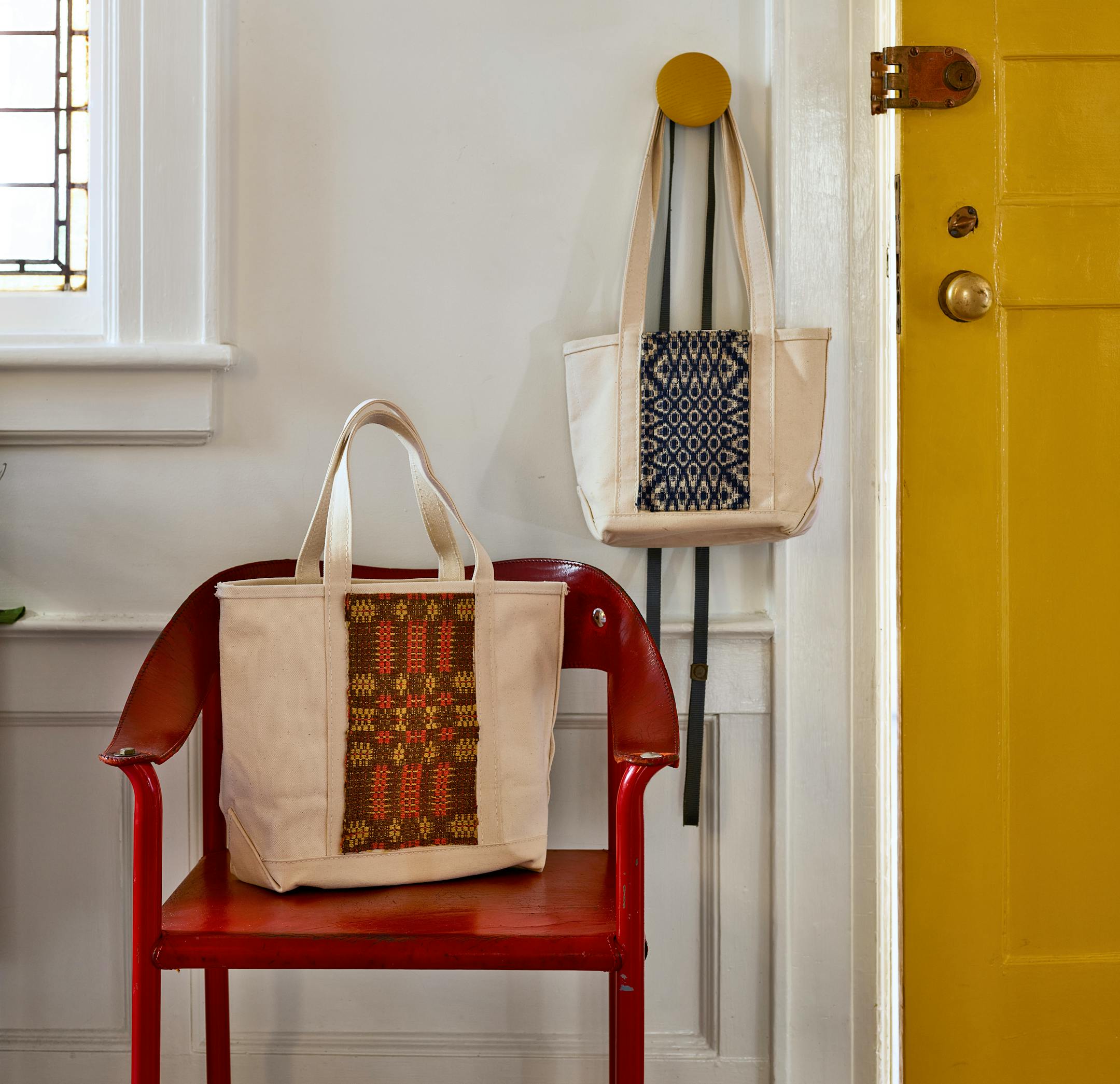 BC-ASK-MARTHA-BLANKETS-COVERLETS-ART-NYTSF — L.L. Bean Boat and Tote open-top bags in Natural, from $25 each, llbean.com. Muuto Dots large wooden coat hook in Mustard, $37, finnishdesignshop.com. (Frank Frances/Martha Stewart Living Online) — ONLY FOR USE WITH ARTICLE SLUGGED — BC-ASK-MARTHA-BLANKETS-COVERLETS-ART-NYTSF — OTHER USE PROHIBITED.