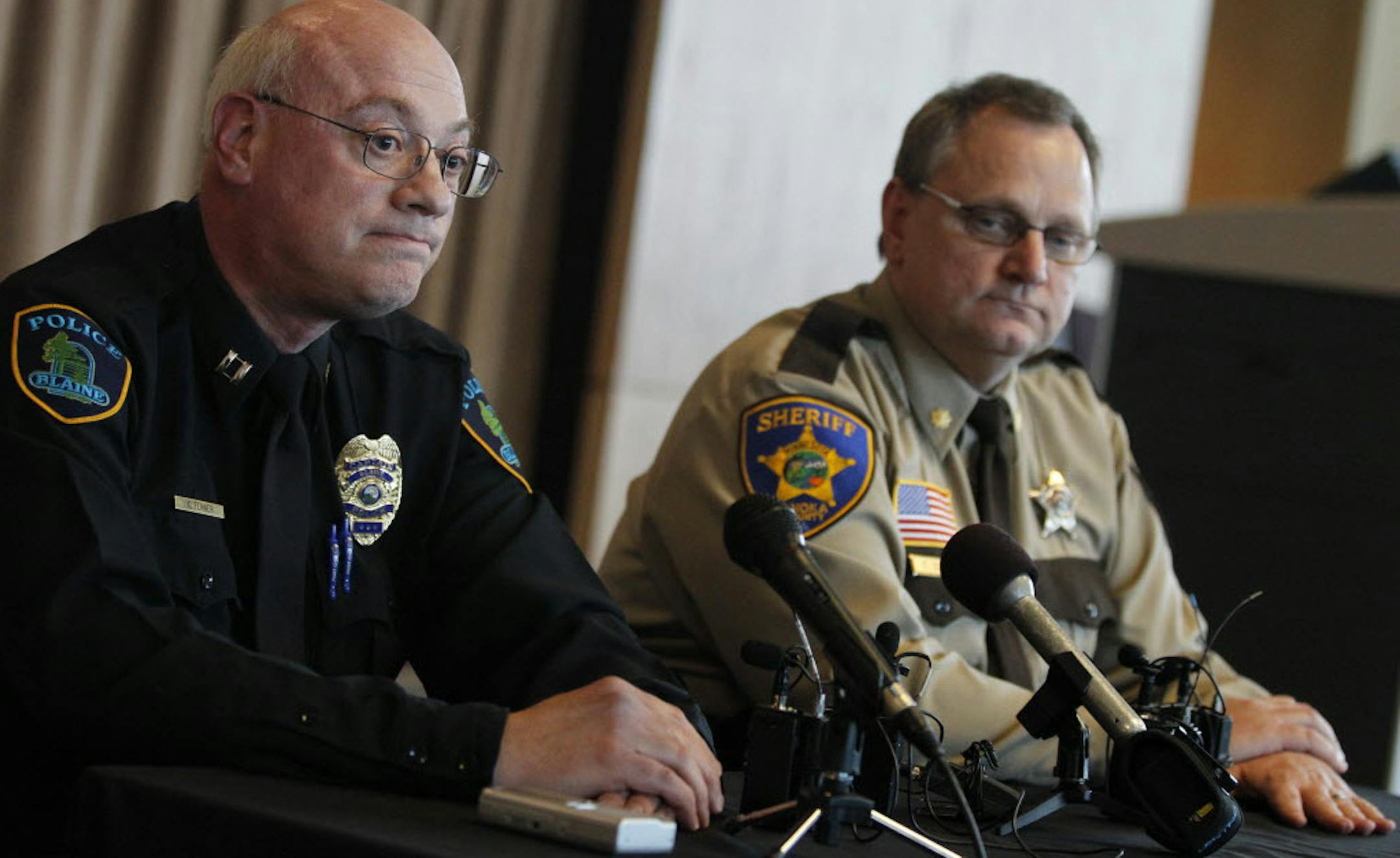 At the Anoka County Sheriff's Office in Andover, Blaine Police Capt. Kerry Fenner, left, and Anoka County Sheriff Cmdr. Paul Sommer discussed a synthetic compounds known as 2C-E that took the life of a 19-year-old and prompted 10 others to be hospitalized.