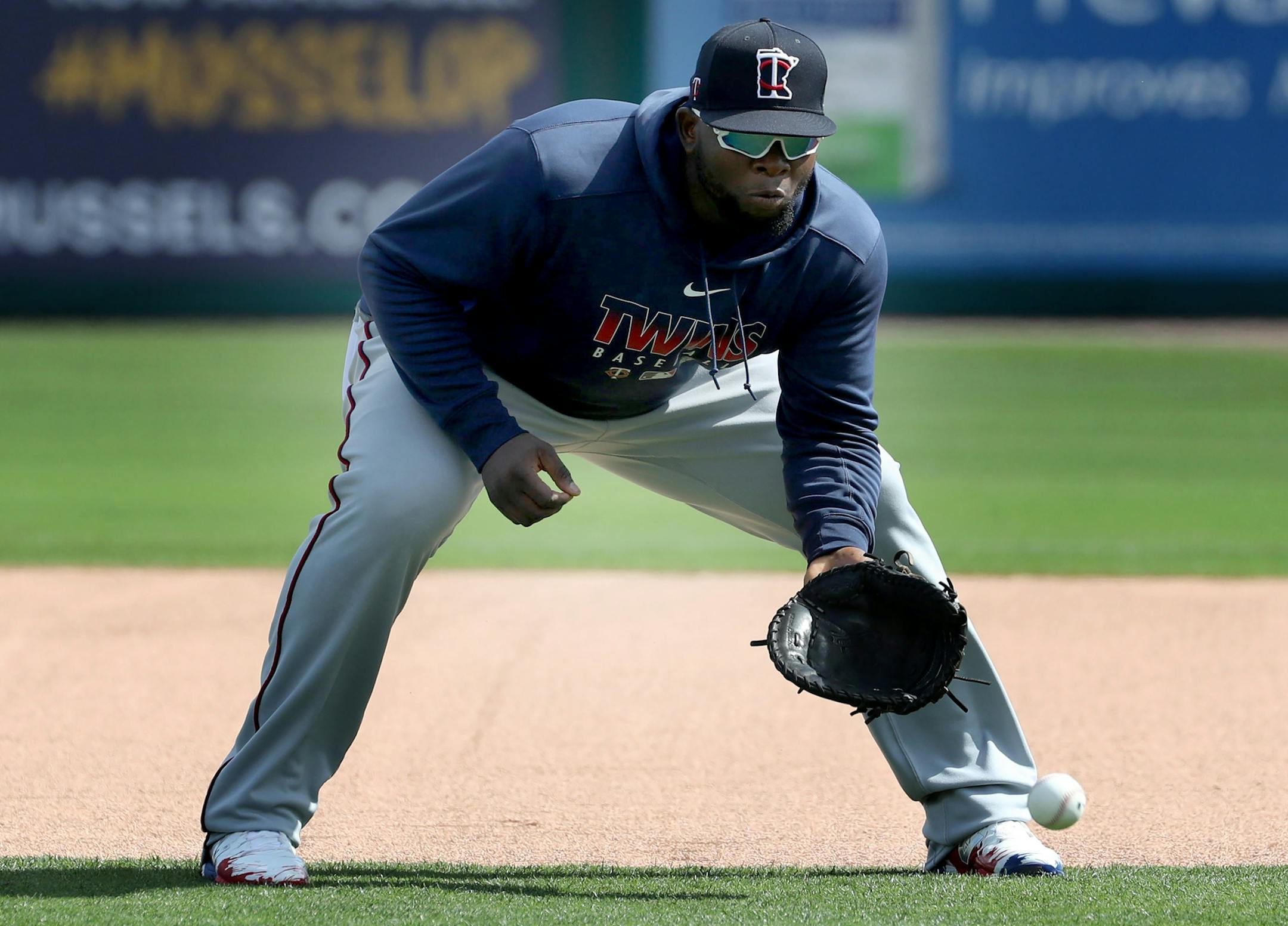 The Twins' Miguel Sano is getting better acquainted with playing first base in spring training, after spending most of his time at third base last season.