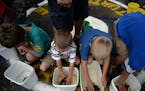 Racers pull turtles from their water buckets and take their places on the starting circle in the annual turtle races in Nisswa.