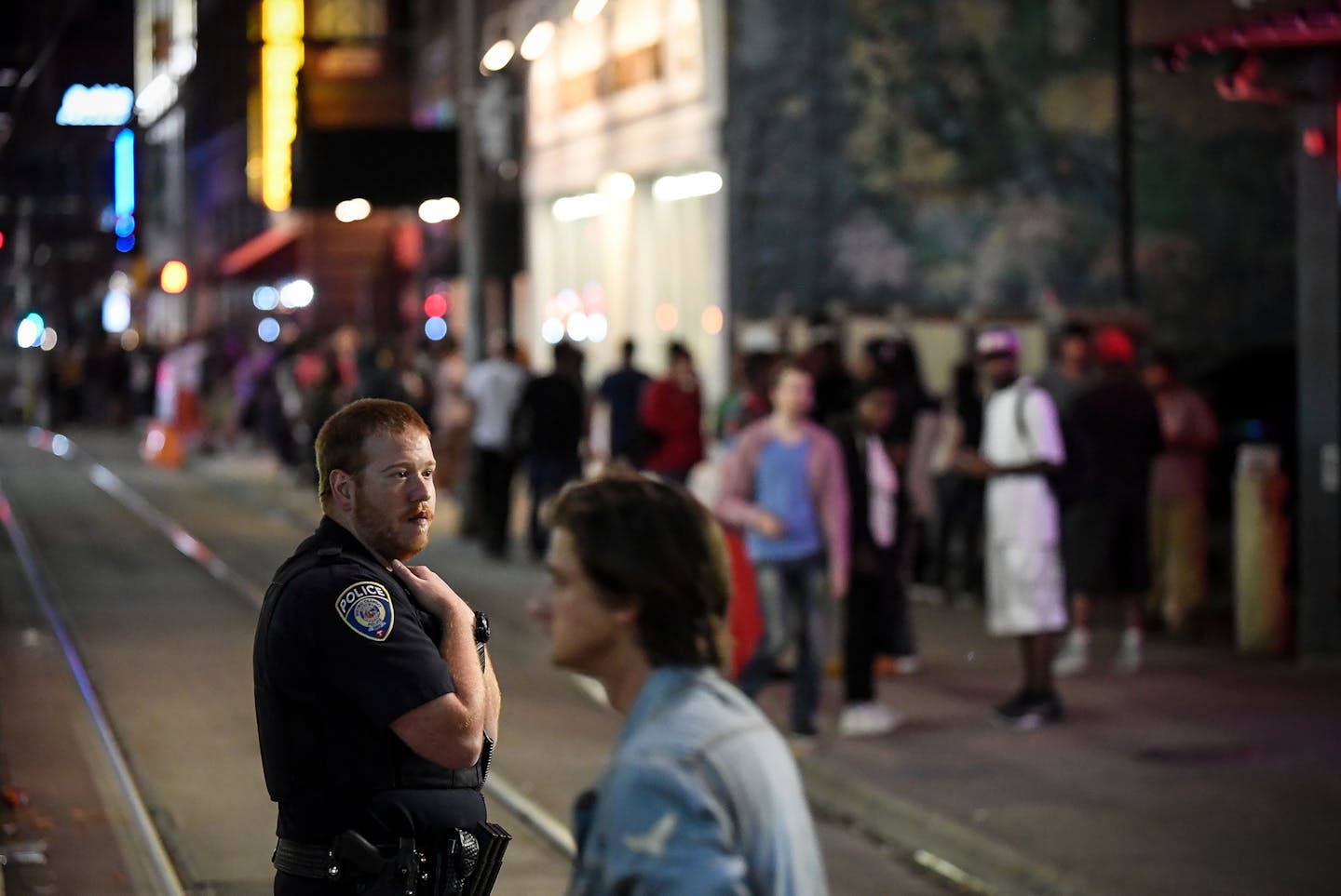 A Minneapolis Police officer looked for trouble after closing time along 5th Street near Hennepin Avenue. ] AARON LAVINSKY &#xef; aaron.lavinsky@startribune.com The issue of downtown crime issue will likely spill into the mayoral race in Minneapolis. Will Betsy Hodges' downtown safety plan improve quality of life on Hennepin Avenue? Or can Tom Hoch, longtime theater district and downtown leader, make it into a campaign issue? Even if statistics show that downtown crime is more perception than re