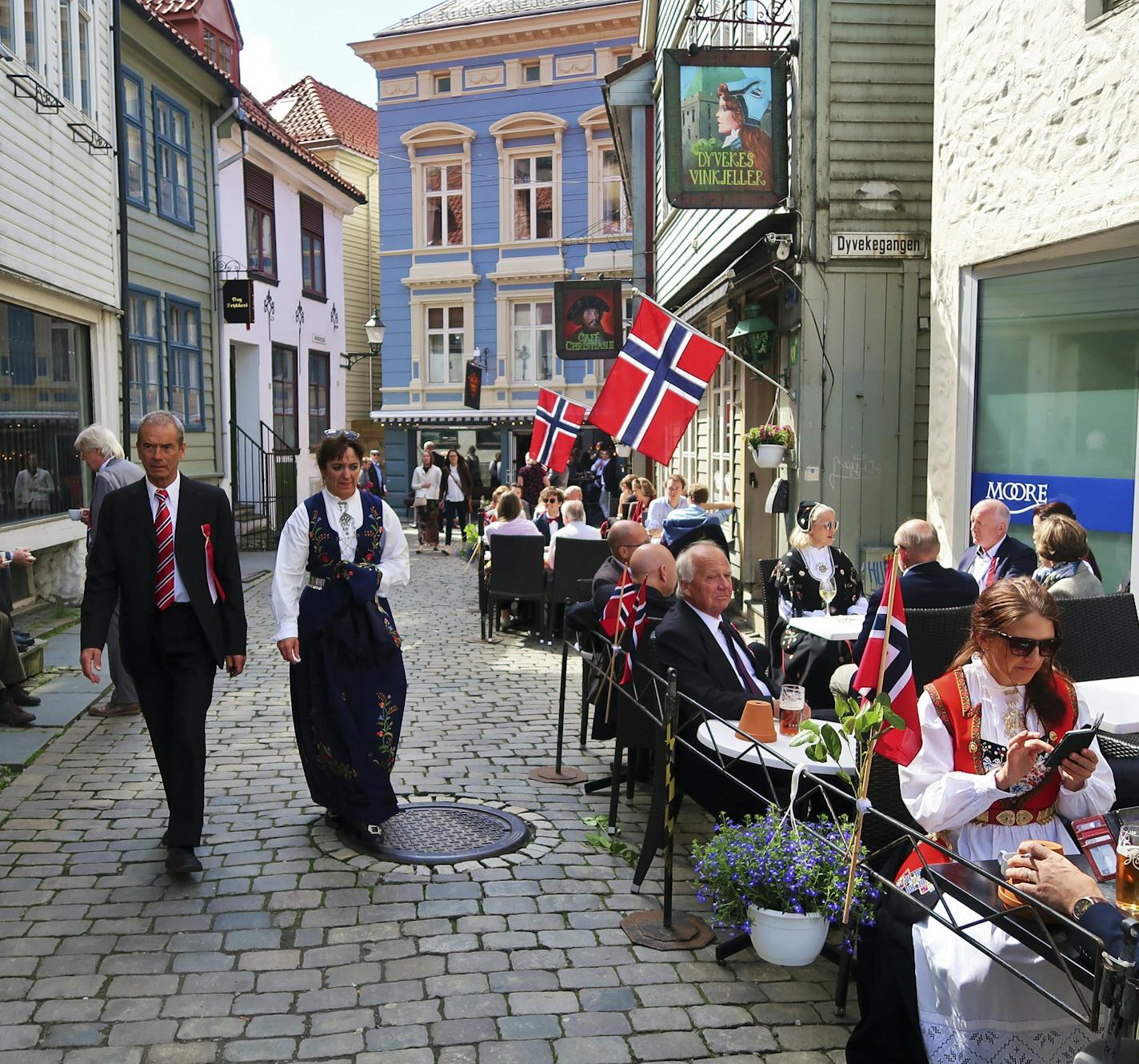 Proud Norwegians parade on the byrggen, or dock, in Bergen.