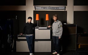 Kris Johnson, left, and Chris Pavlich of Two Harbors worked up their new album in their space inside St. Paul's City Sound rehearsal complex (which Pa