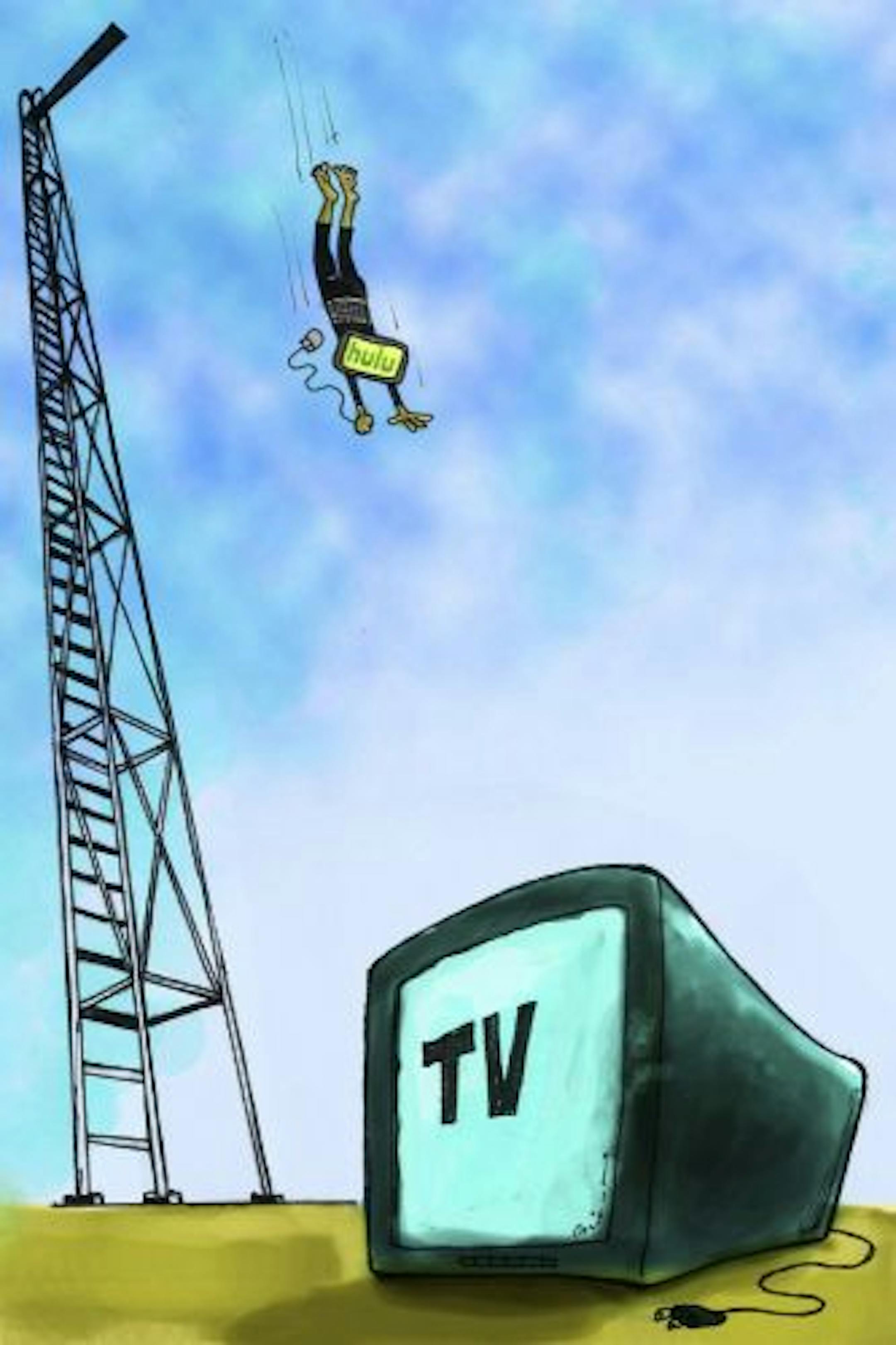300 dpi Chris Strach color illustration of a person with a Hulu head diving off a high-dive into a TV; can be used with stories about web site Hulu.com. San Jose Mercury News 2010<p> 01000000; ACE; krtcampus campus; krtentertainment entertainment; krtnational national; krtworld world; krt; mctillustration; 01027000; ENT; internet; diving board highdive high-dive; hulu.com hulu; krttv tv television; sj contributed strach; krtdiversity diversity; youth; 2010; krt2010