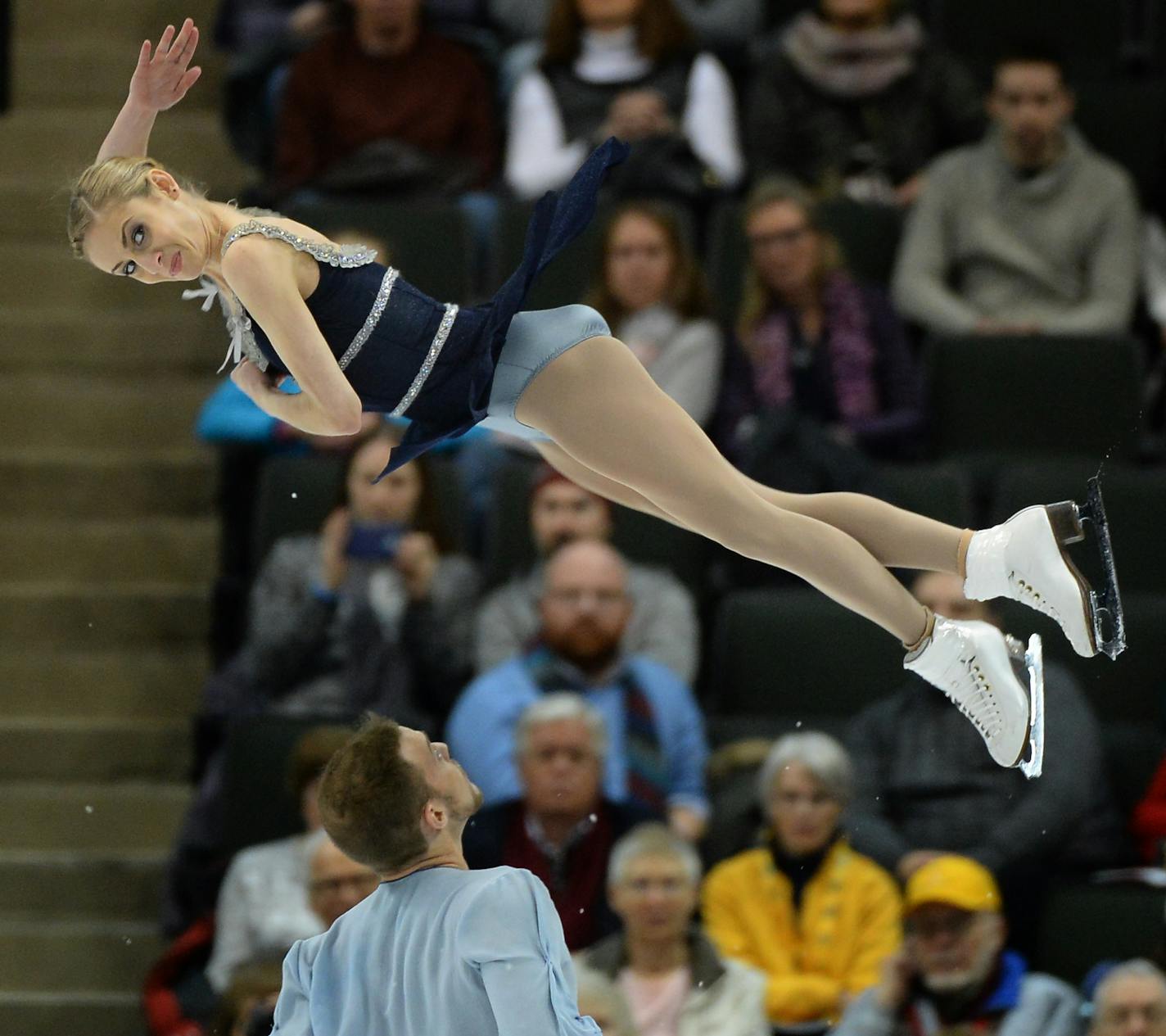 Tarah Kayne and Danny O'Shea performed in the Pairs Free Skate Competition of of the 2016 Prudential U.S. Figure Skating Championships Saturday. Kayne and O'Shea won 1st place with a score of 142.04. ] (AARON LAVINSKY/STAR TRIBUNE) aaron.lavinsky@startribune.com The Championship Pairs Free Skate Programs of the 2016 Prudential U.S. Figure Skating Championships was held at Xcel Energy Center on Saturday, Jan. 23, 2016 in St. Paul, Minn.