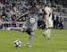 Minnesota United midfielder Darwin Quintero against the LA Galaxy in the MLS first-round playoff soccer Sunday, Oct. 20, 2019 in St. Paul, Minn. The G