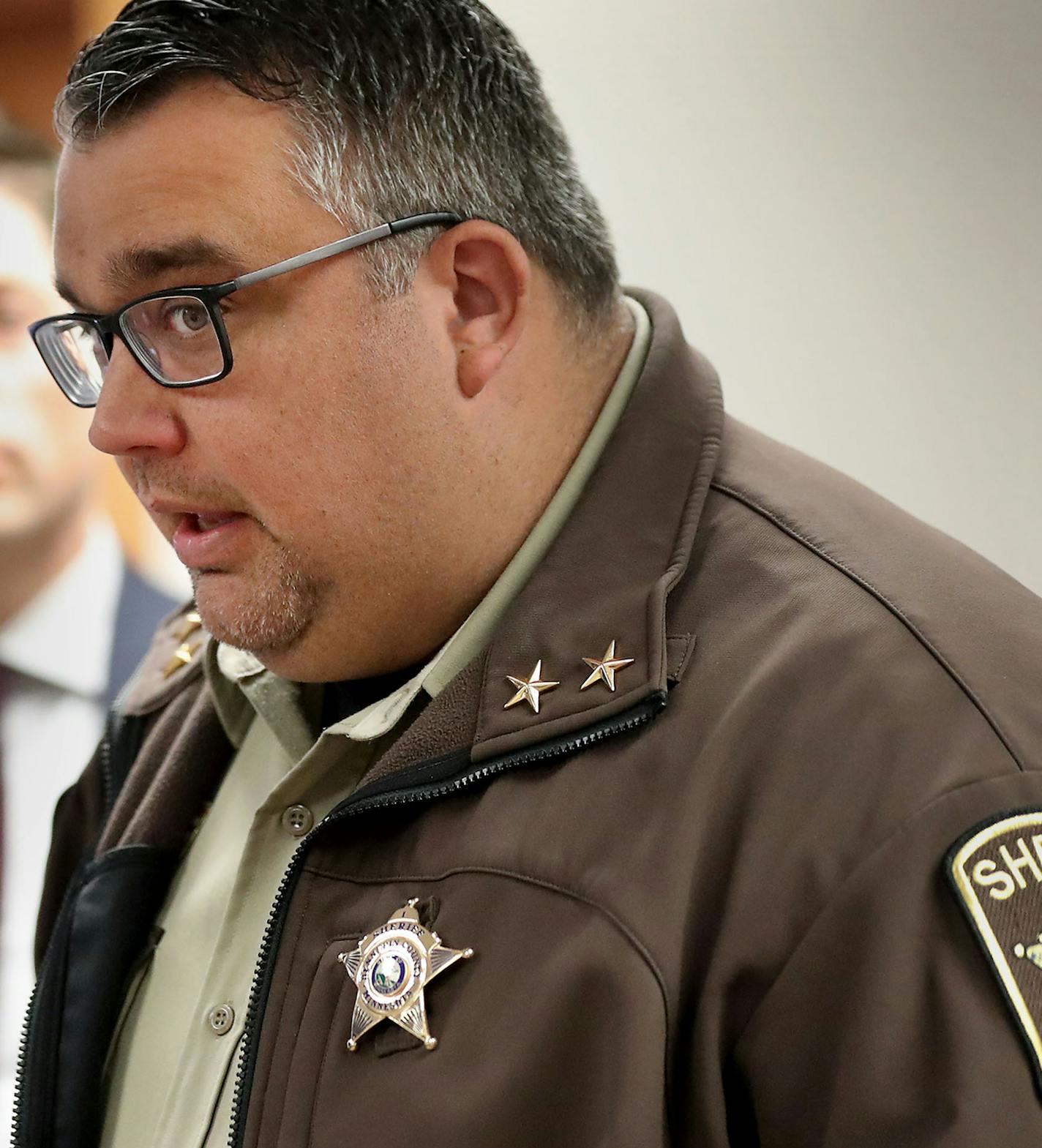 Hennepin County Sheriff Dave Hutchinson talks about some of the challenges to jail inmates who opioid addictions and how he, and a Taskforce of city, county and state leaders are rallying around the epidemic to come up with solutions and seen during a press conference Thursday, April 4, 2019, at Minneapolis City Hall in Minneapolis, MN. Minneapolis mayor Jacob Frey is left of Hutchinson.] DAVID JOLES &#x2022;david.joles@startribune.com The Minneapolis mayor and Hennepin County sheriff unveiled r