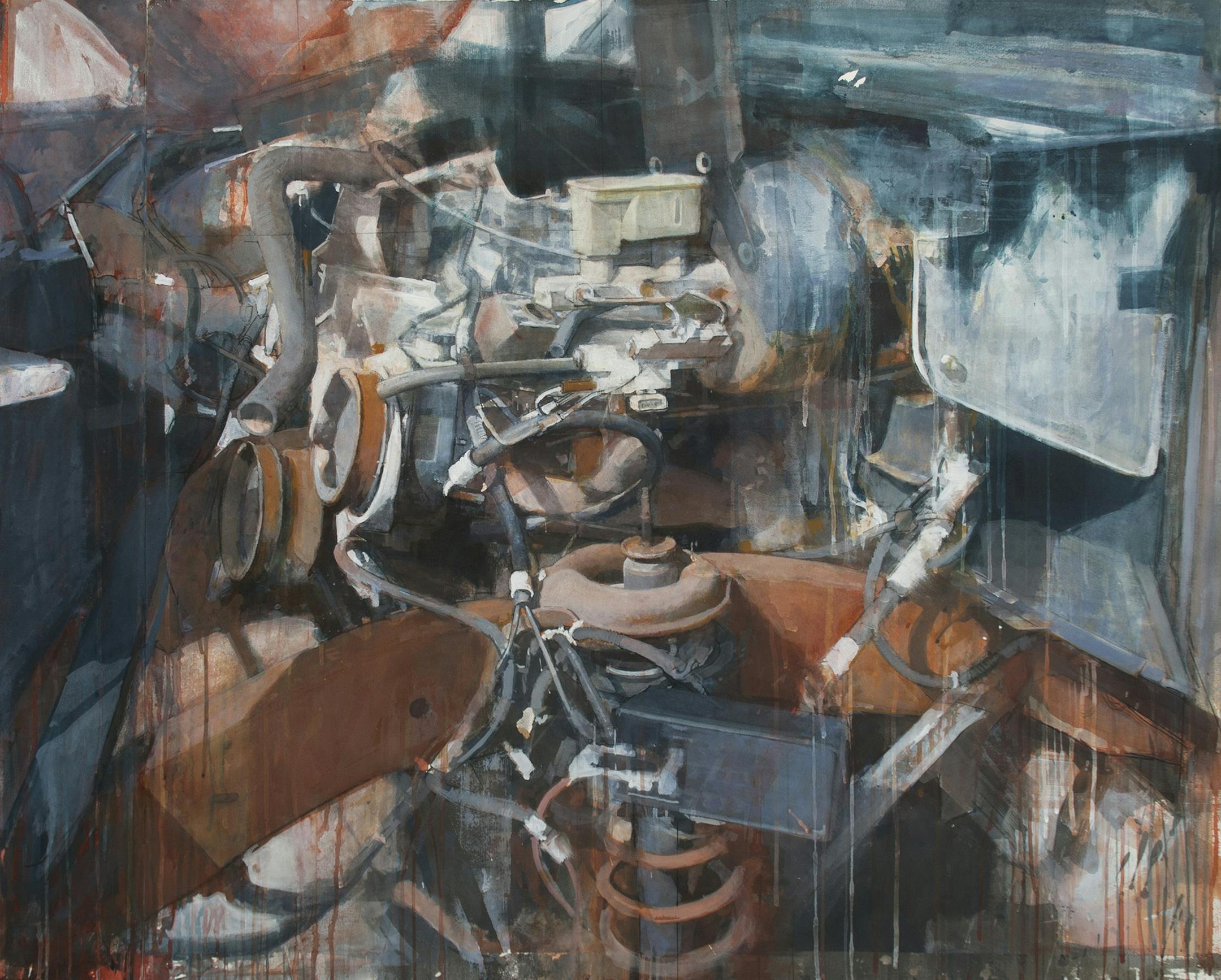 Michael Kareken," Auto Salvage Series &#x201a;&#xc4;&#xec; Engine #1", 2014, acrylic & ink on paper, 41 x 51.5&#x201a;&#xc4;&#xf9;