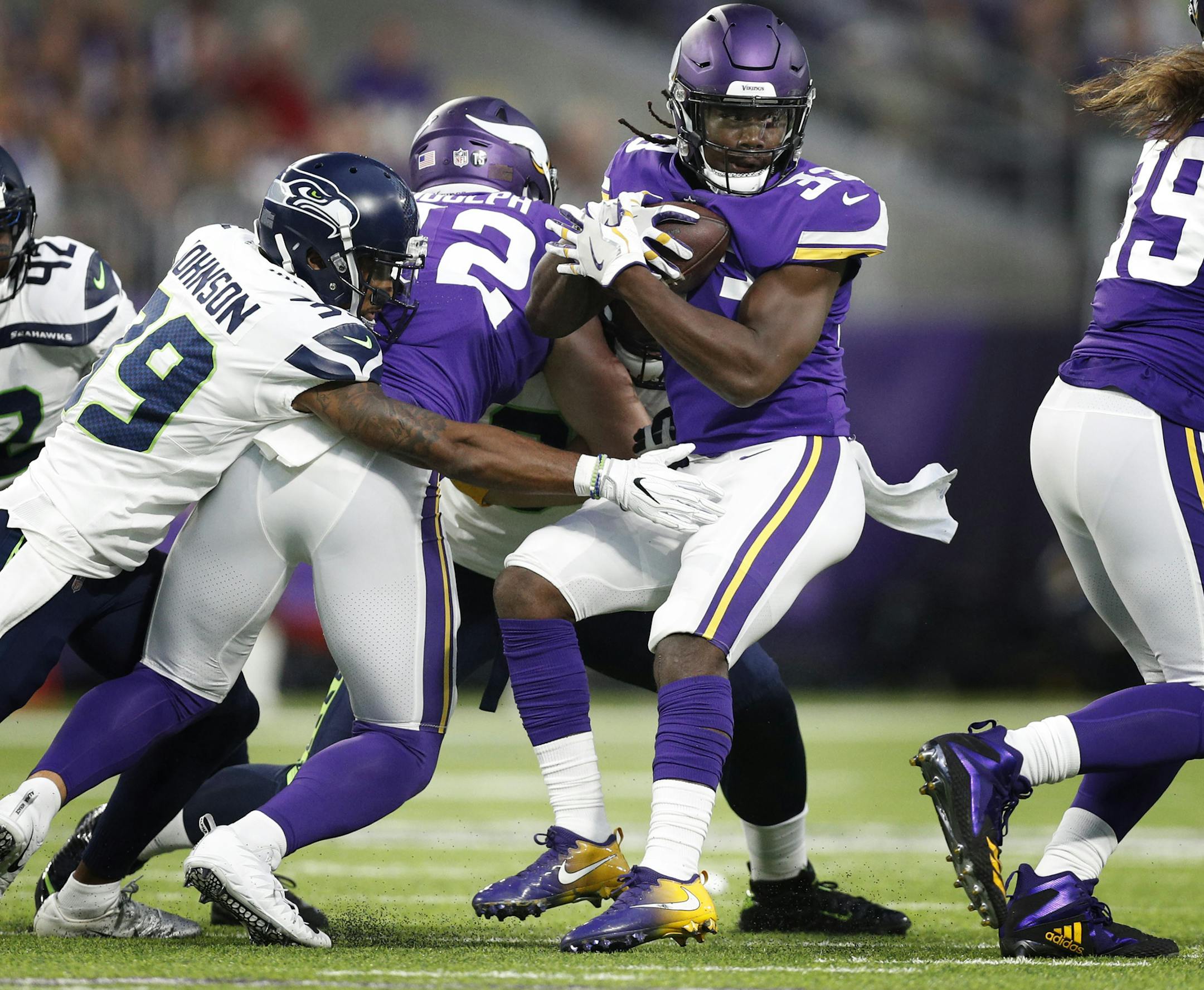 Minnesota Vikings running back Dalvin Cook (33) made a cut in the first quarter at the U.S. Bank Stadium Friday August 24, 2018 in Minneapolis, MN.] The Minnesota Vikings hosted the Seattle Seahawks at U.S. Bank Stadium. JERRY HOLT &#xef; jerry.holt@startribune.com