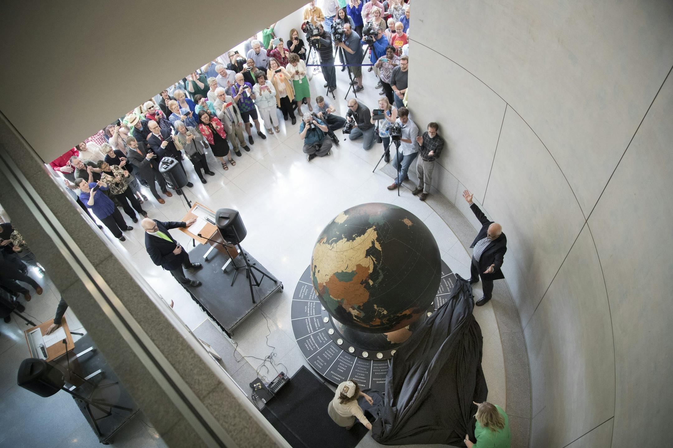 The restored globe of the Star Tribune that debuted in 1951 in the old lobby of the newspaper location was unveiled at Capella Tower Thursday May 25, 2017 in Minneapolis, MN.