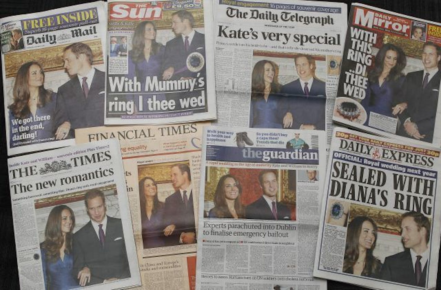 A selection of British national newspapers published in London on Wednesday, Nov. 17, 2010, reacting to the announcement on Tuesday that Britain's Prince William is engaged to be married to his fiance Kate Middleton. The couple announced that they will marry in the spring or summer of 2011.