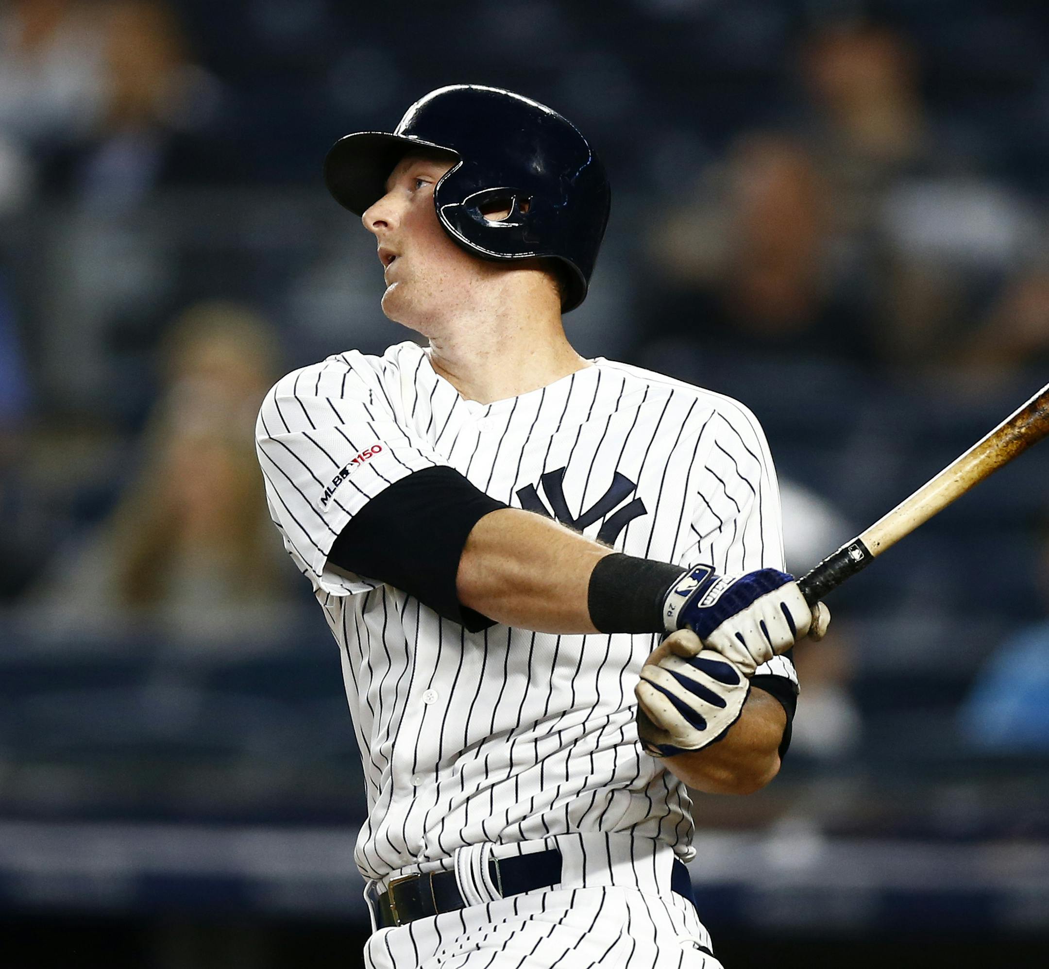 New York Yankees' DJ LeMahieu hits a two run home run during the fourth inning of a baseball game against the Houston Astros on Thursday, June 20, 2019, in New York. (AP Photo/Adam Hunger)