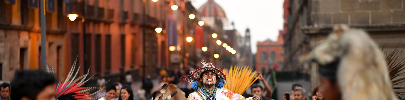 Aztec street performers in Zocalo in Mexico City on February 18, 2018. (Wally Skalij/Los Angeles Times/TNS) ORG XMIT: 1242223