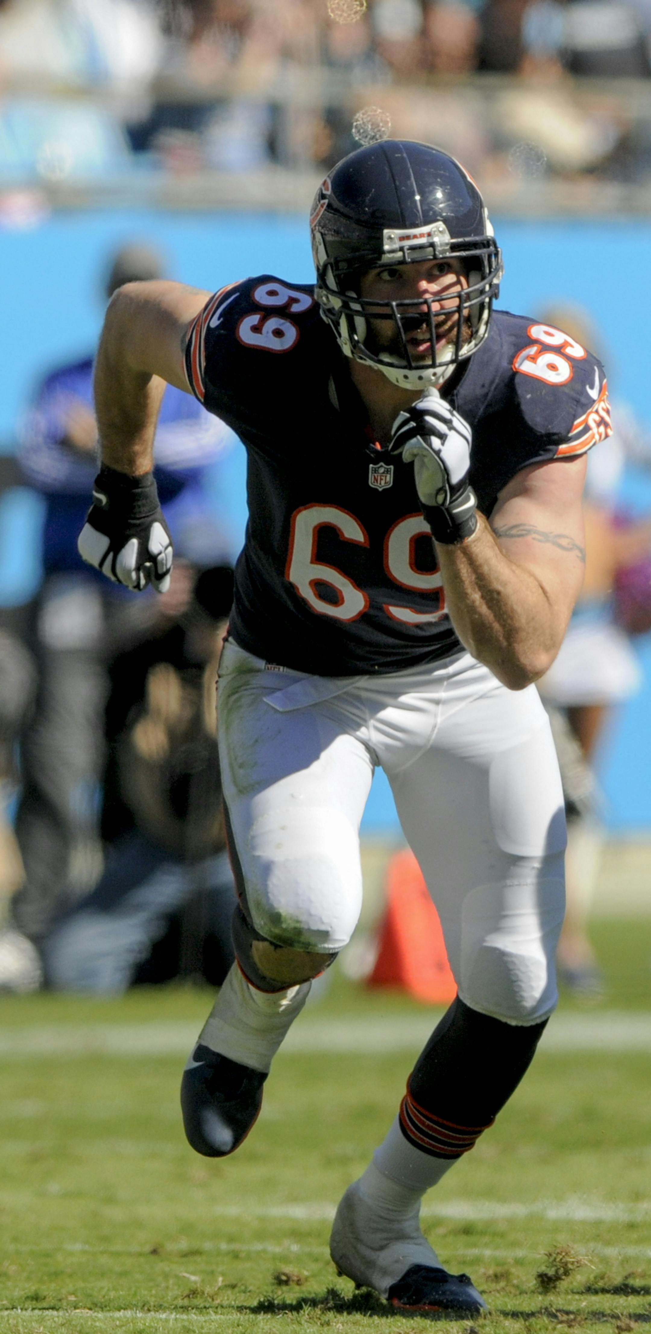 Chicago Bears defensive end Jared Allen (69) is shown during the second half of an NFL football game against the Carolina Panthers in Charlotte, NC, Sunday, Oct. 5, 2014. (AP Photo/Mike McCarn)