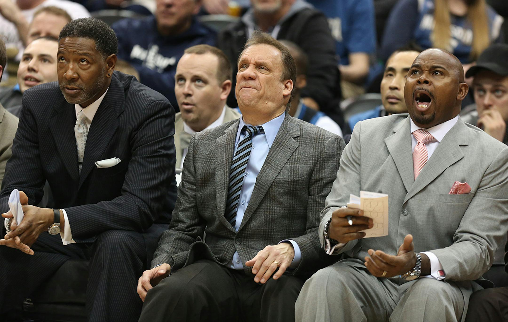 The Wolves head coach Flip Saunders yelled for a foul during the second half. ] (KYNDELL HARKNESS/STAR TRIBUNE) kyndell.harkness@startribune.com Timberwolves vs San Antonio at the Target Center in Minneapolis Min., Saturday, January 10, 2014. Spurs won over the Wolves 108-93.