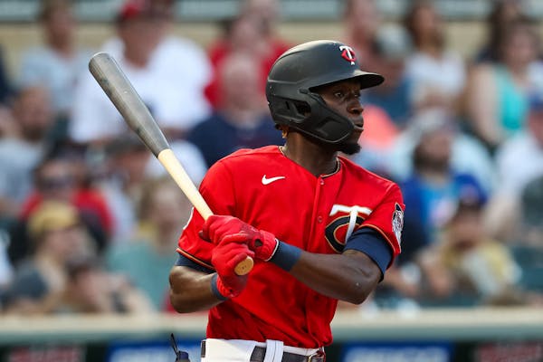 Nick Gordon (1) of the Minnesota Twins hits a single against the New York Yankees in the third inning of the game at Target Field on June 10, 2021 in 