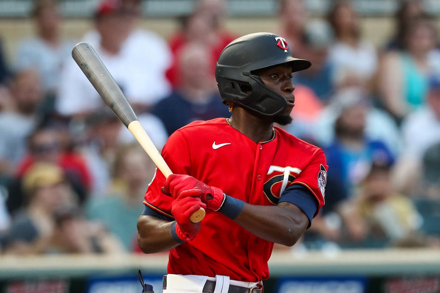 Nick Gordon (1) of the Minnesota Twins hits a single against the New York Yankees in the third inning of the game at Target Field on June 10, 2021 in Minneapolis, Minnesota. (David Berding/Getty Images/TNS) ORG XMIT: 18698482W