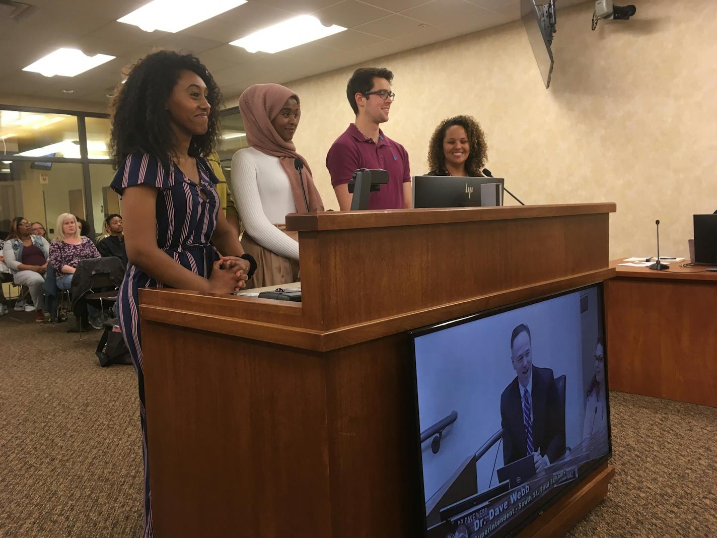 SSP students Naomi Gedey, Hafsa Ahmad, Emiliano Granados and teacher Jessica Davis spoke before the board Monday night, seeking to wear sashes at graduation to reflect their heritage.