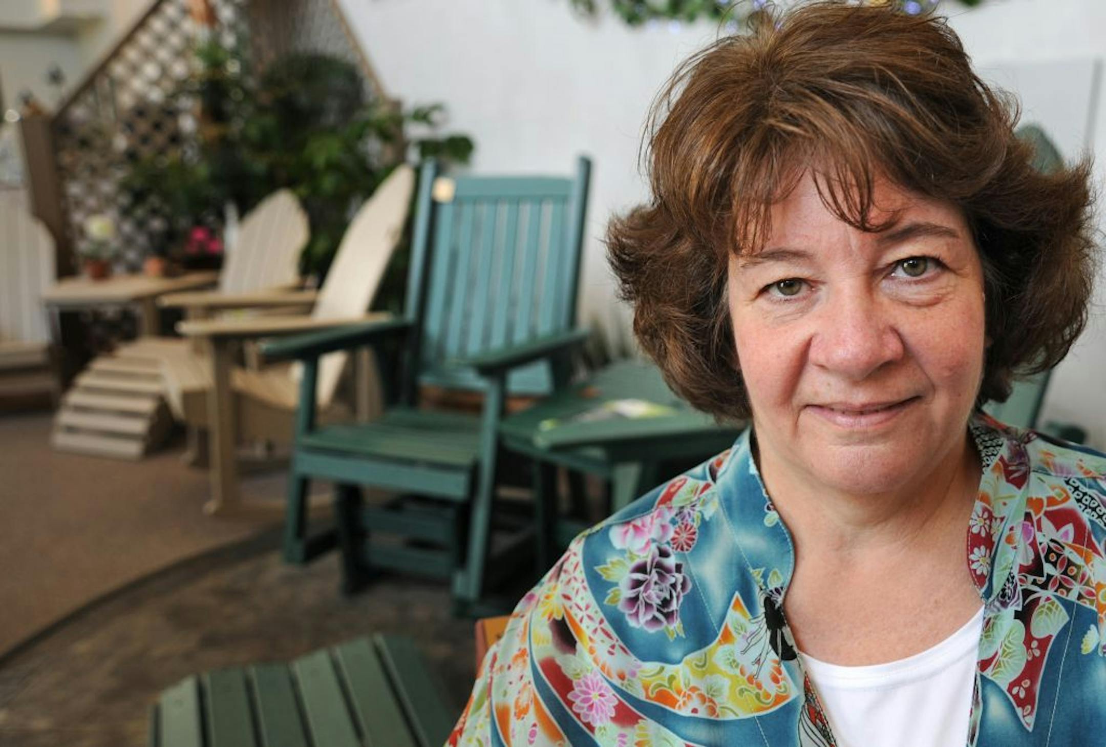Deb Anderson in the showroom of, By The Yard. With the comeback of the Made In The U.S.A campaign in which consumers buy only goods made in the U.S. By The Yard of Jordan, Minn. makes durable patio furniture out of recycled milk jugs. Customers call frequently to ask if products are made in the U.S. Sales are up 20-30% each year. Company just added a night shift to keep up with demand.