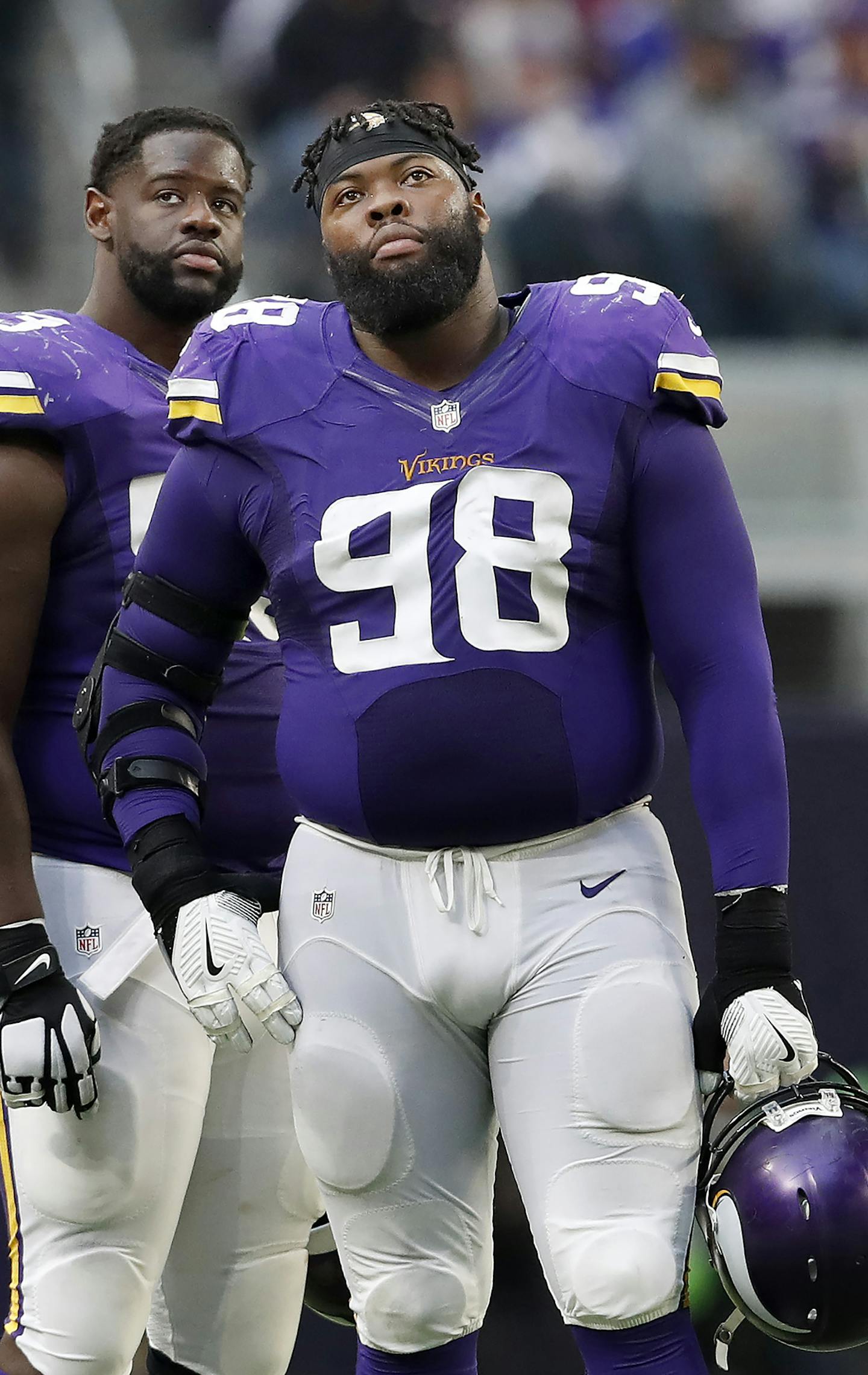 Shamar Stephen (93) and Linval Joseph (98) watched a replay of a Sam Bradford interception to see if they had to take the field. The interception was overturned because of a roughing the passer penalty. ] CARLOS GONZALEZ cgonzalez@startribune.com - December 18, 2016, Minneapolis, MN, US Bank Stadium, NFL, Minnesota Vikings vs. Indianapolis Colts