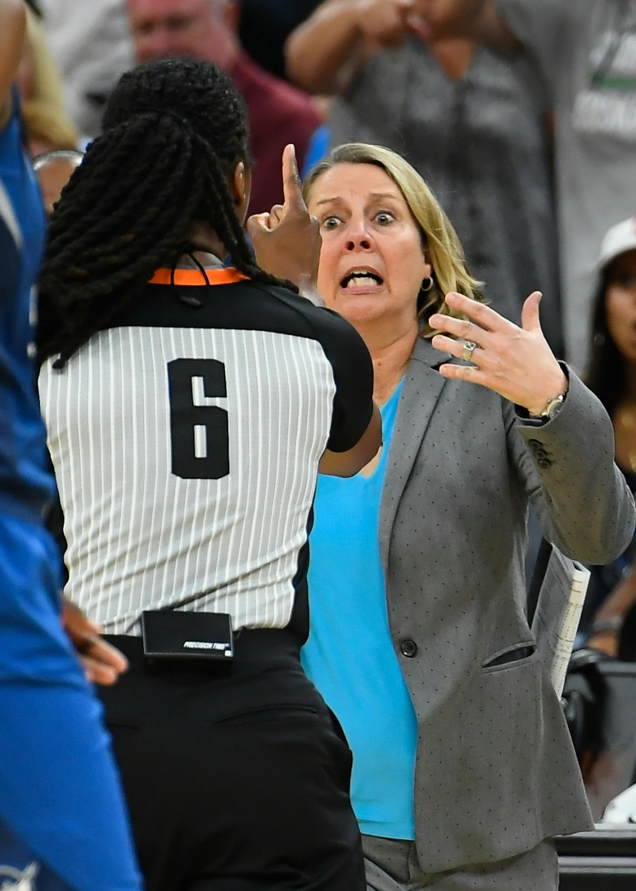 Minnesota Lynx head coach Cheryl Reeve argued a foul call with an official, leading to a double technical foul and Reeve's ejection in the second half.