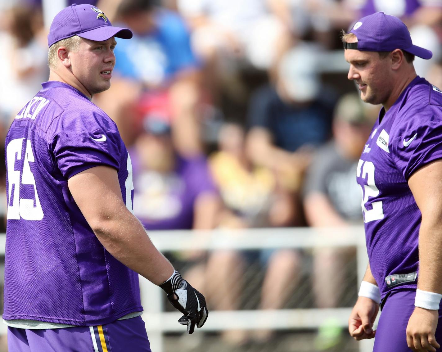 Minnesota Vikings lineman Pat Elflein (65) left and Nick Easton (62).