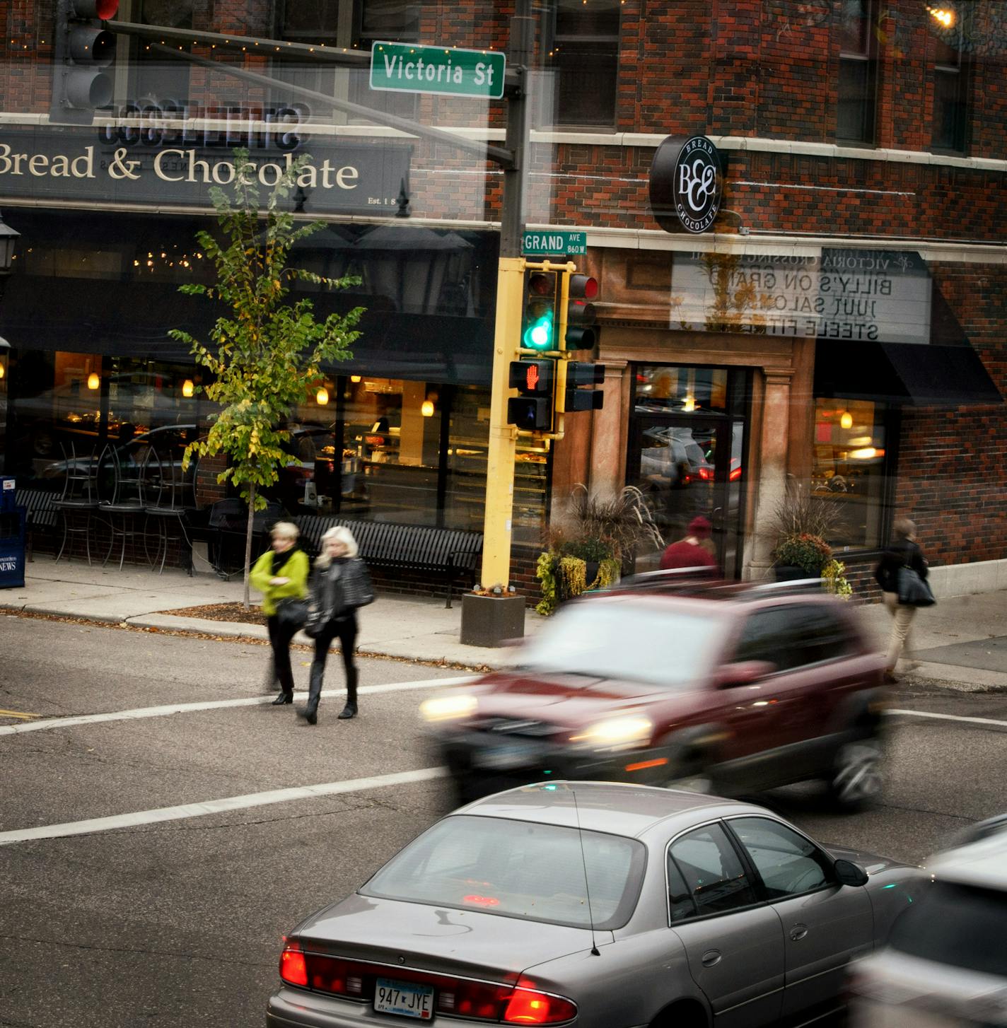 Shops and traffic along Grand Avenue in St. Paul.