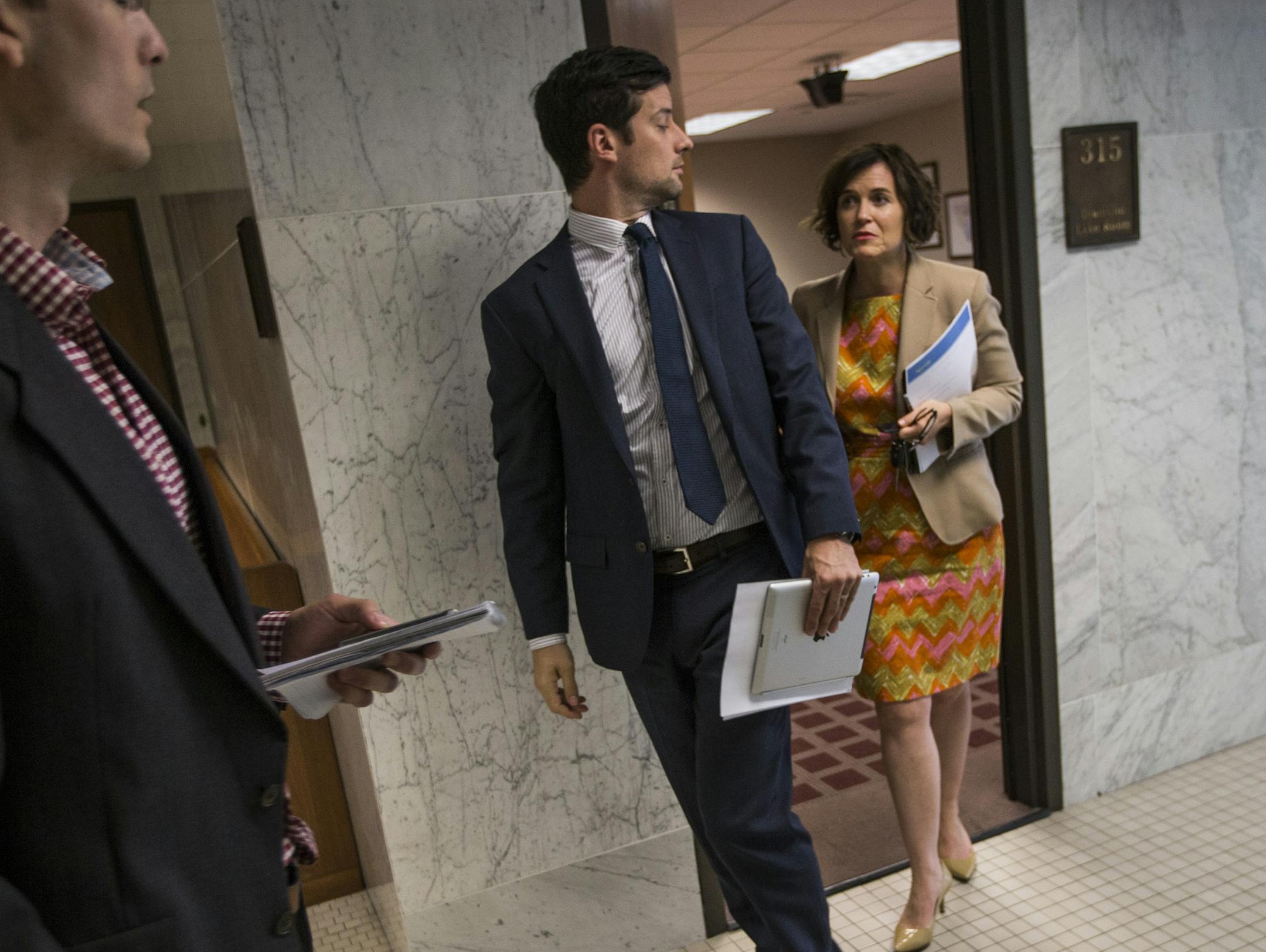 Minneapolis Mayor Betsy Hodges left a meeting with Minnesota United Fc officials and Minneapolis city leaders Friday for their first "working group" meeting regarding an MLS stadium near downtown on Friday, July 17, 2015, at City Hall in Minneapolis, Minn. ] RENEE JONES SCHNEIDER • reneejones@startribune.com