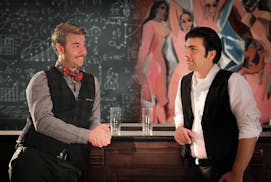 A.J. Swanson as Albert Einstein and Justin David Cervantes as Pablo Picasso in "Picasso at the Lapin Agile" by Steve Martin, produced by the Chameleon