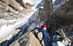 Ben Briggs on the first exposed gendarme on the Diables arete, in "Mountain."
