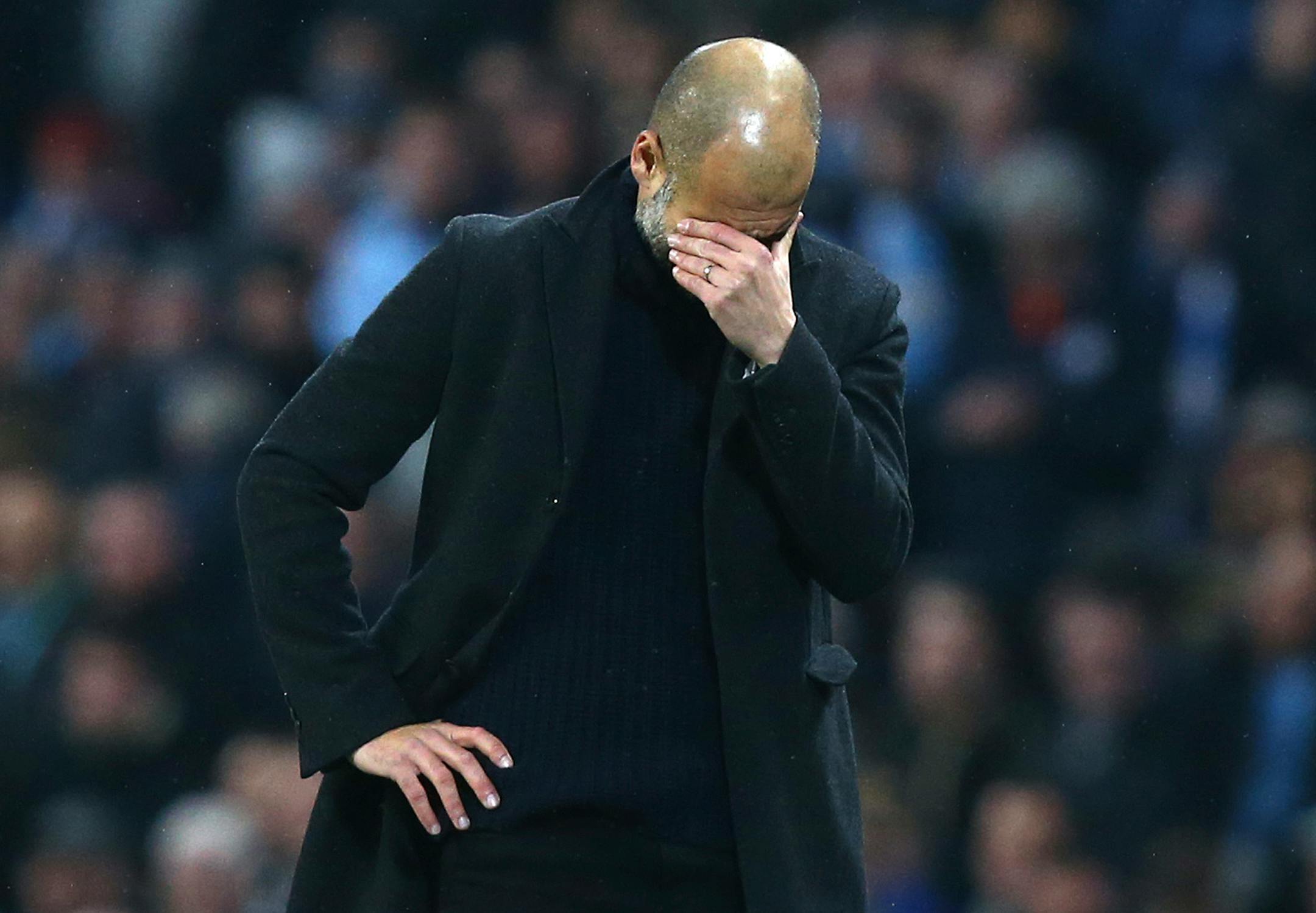 Manchester City's manager Pep Guardiola reacts during during the Champions League group C soccer match between Manchester City and Celtic at the Etihad stadium in Manchester, England, Tuesday, Dec. 6, 2016.(AP Photo/Dave Thompson))