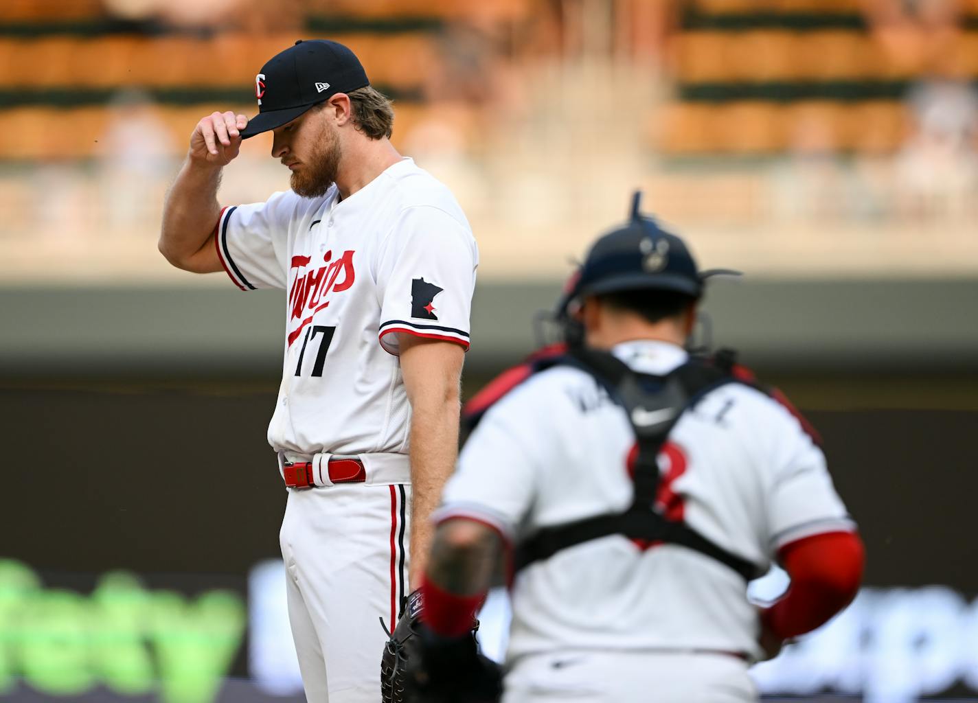 Minnesota Twins catcher Christian Vazquez (8) approaches the mound of starting pitcher Bailey Ober (17) after Ober allowed consecutive walks in the top of the first inning against the San Francisco Giants Monday, May 22, 2023, at Target Field in Minneapolis, Minn.. ] AARON LAVINSKY • aaron.lavinsky@startribune.com