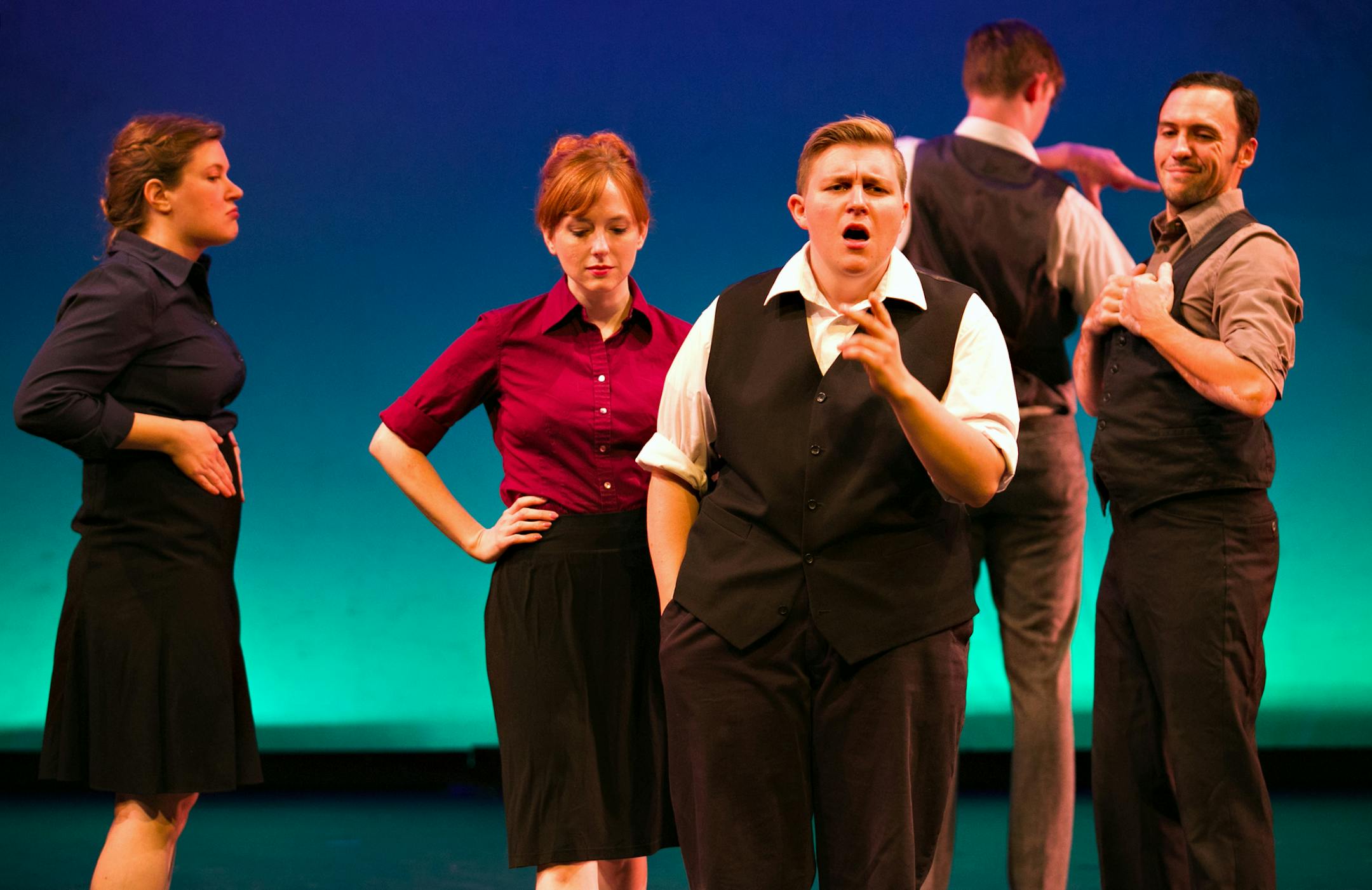 L-R: Amber Bjork, Emily Dussault, Allison Witham, Nick Wolf (back to camera) and Derek Lee Miller. The Transatlantic Love Affair Ensemble
PHOTO CREDIT: Lauren B Photography