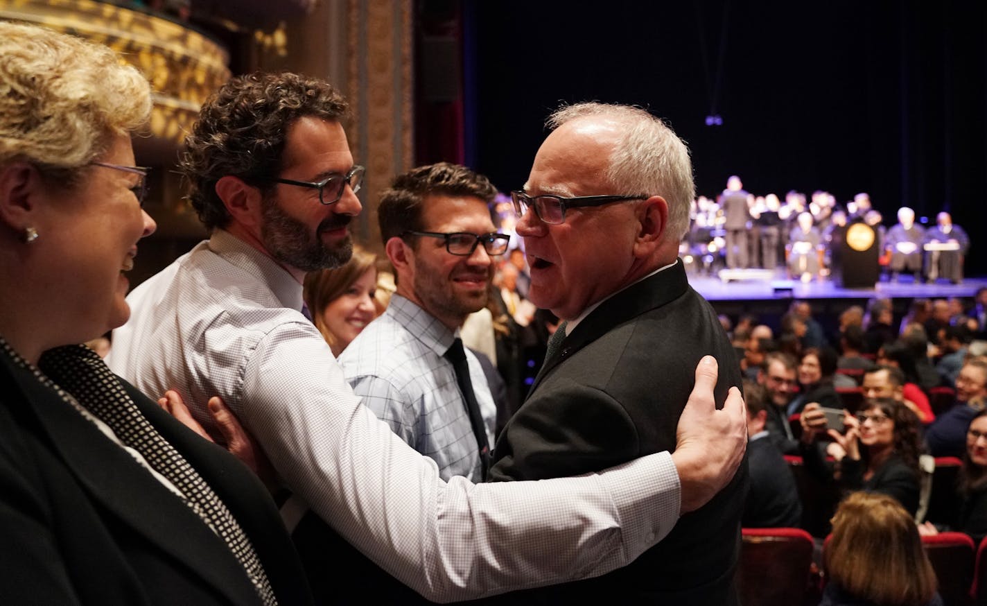 Gov. Tim Walz greeted a group of former teachers, students and colleagues as he walked to the stage for his inauguration at the Fitzgerald Theater in St. Paul, Minn. ] ANTHONY SOUFFLE &#x2022; anthony.souffle@startribune.com Inauguration Day. Tim Walz will be sworn in as Minnesota's 41st governor, and constitutional officers Attorney General Keith Ellison, Secretary of State Steve Simon and State Auditor Julie Blaha will take their oaths of office as well.