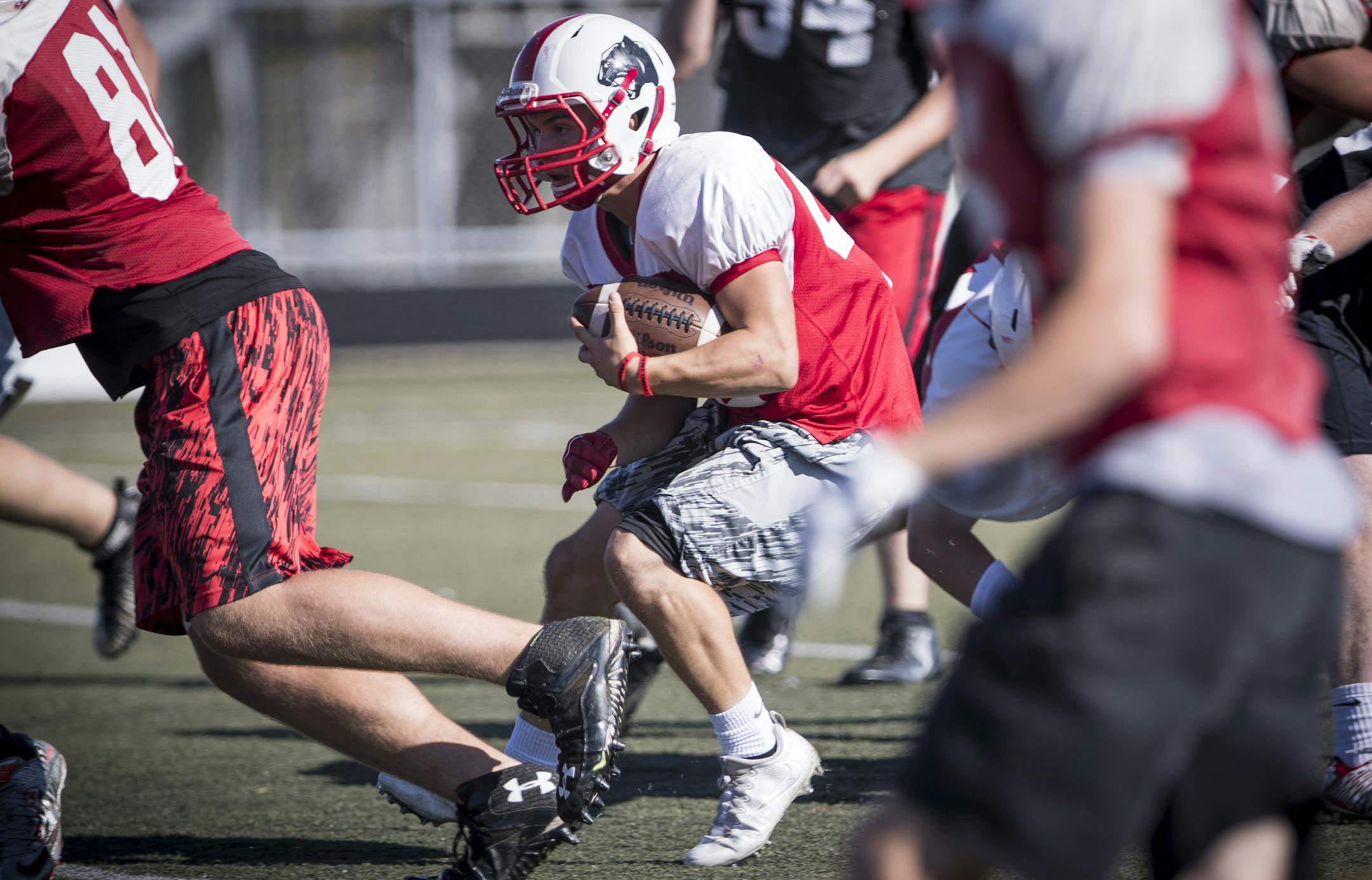 Wade Sullivan ran with the ball during a recent practice at Lakeville North. He has 345 yards rushing and seven touchdowns in two games. (Renee Jones Schneider, Star Tribune)