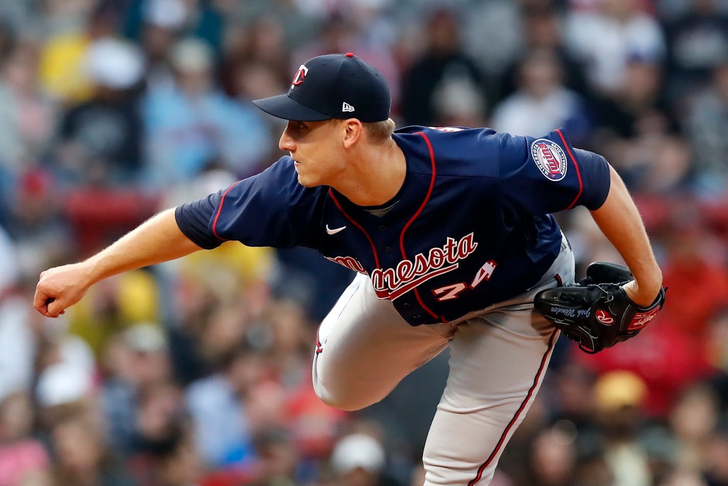 Minnesota Twins' Josh Winder pitches during the seventh inning of a baseball game against the Boston Red Sox, Saturday, April 16, 2022, in Boston. (AP Photo/Michael Dwyer)