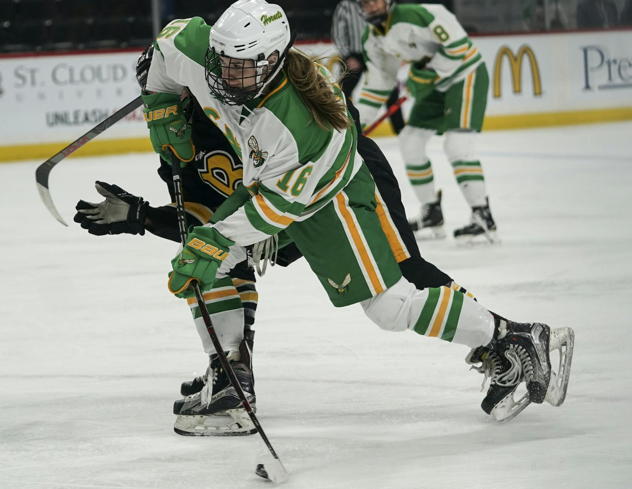 Edina High School forward Emma Conner (16) and Burnsville High School forward Kendra Distad (16) got tangled as Conner skated with the puck in the second period. ] RENEE JONES SCHNEIDER ¥ renee.jones@startribune.com Class AA girls state hockey quarterfinals Edina High School verses Burnsville High School at the Xcel Energy Center in St. Paul , Minn., on Thursday, February 20, 2020.