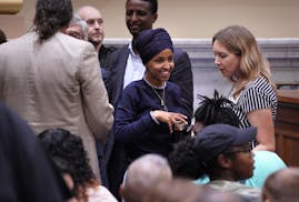 U.S. Rep. Ilhan Omar, center, had been scheduled to arrive in Israel this weekend and was to visit the Israeli-occupied West Bank.